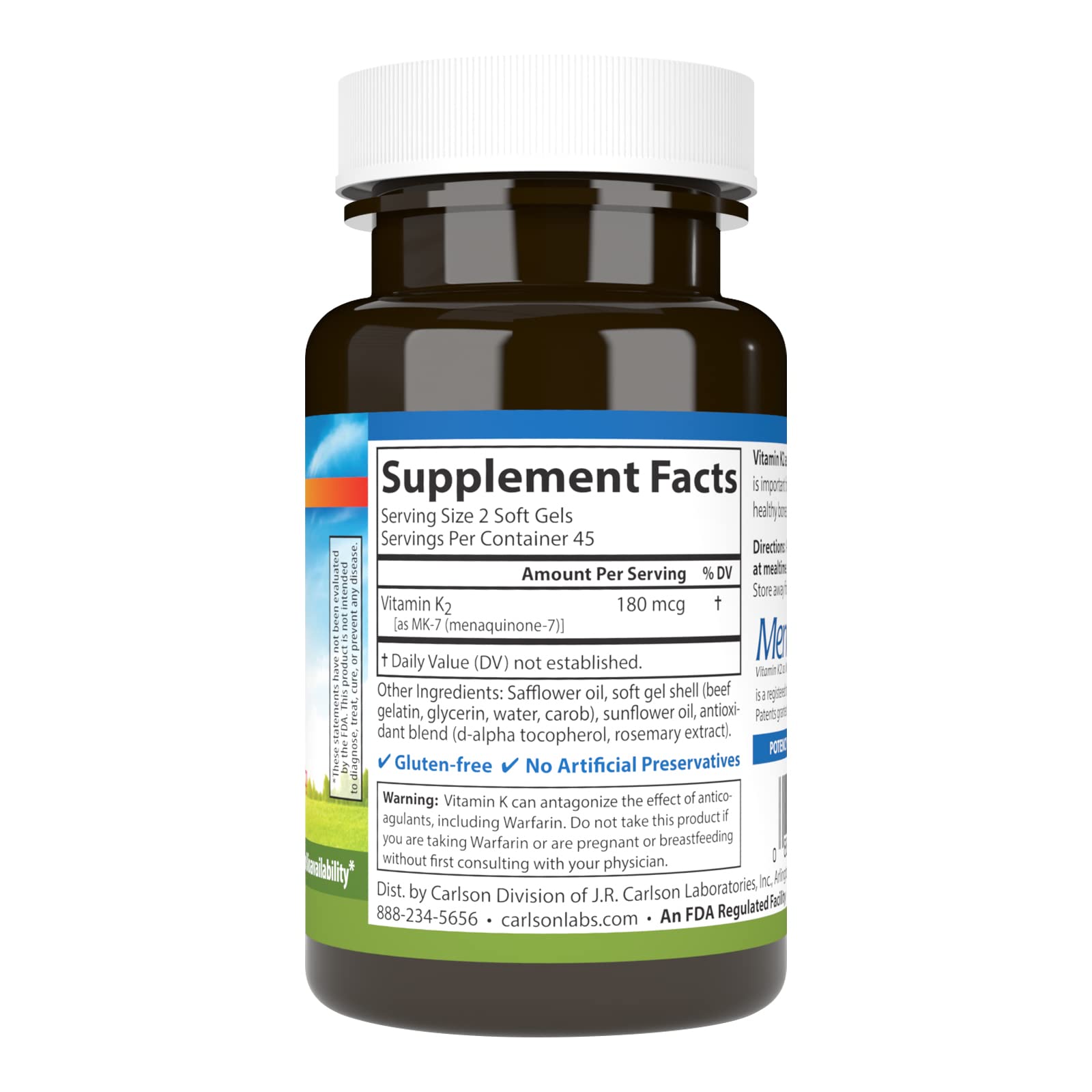 Close-up of Carlson K2 MK-7 softgels in bottle