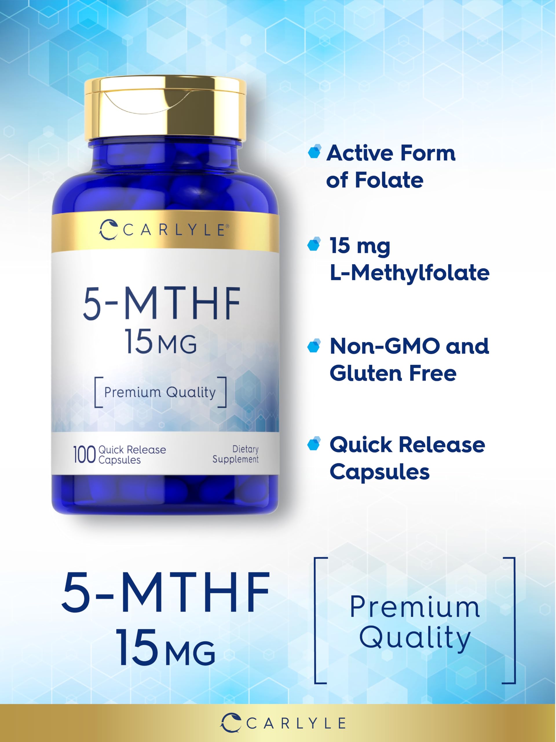 Non-GMO and gluten-free labels on Carlyle 5-MTHF packaging