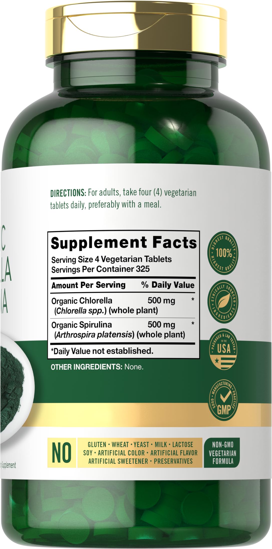 Label showing 50/50 organic chlorella and spirulina blend