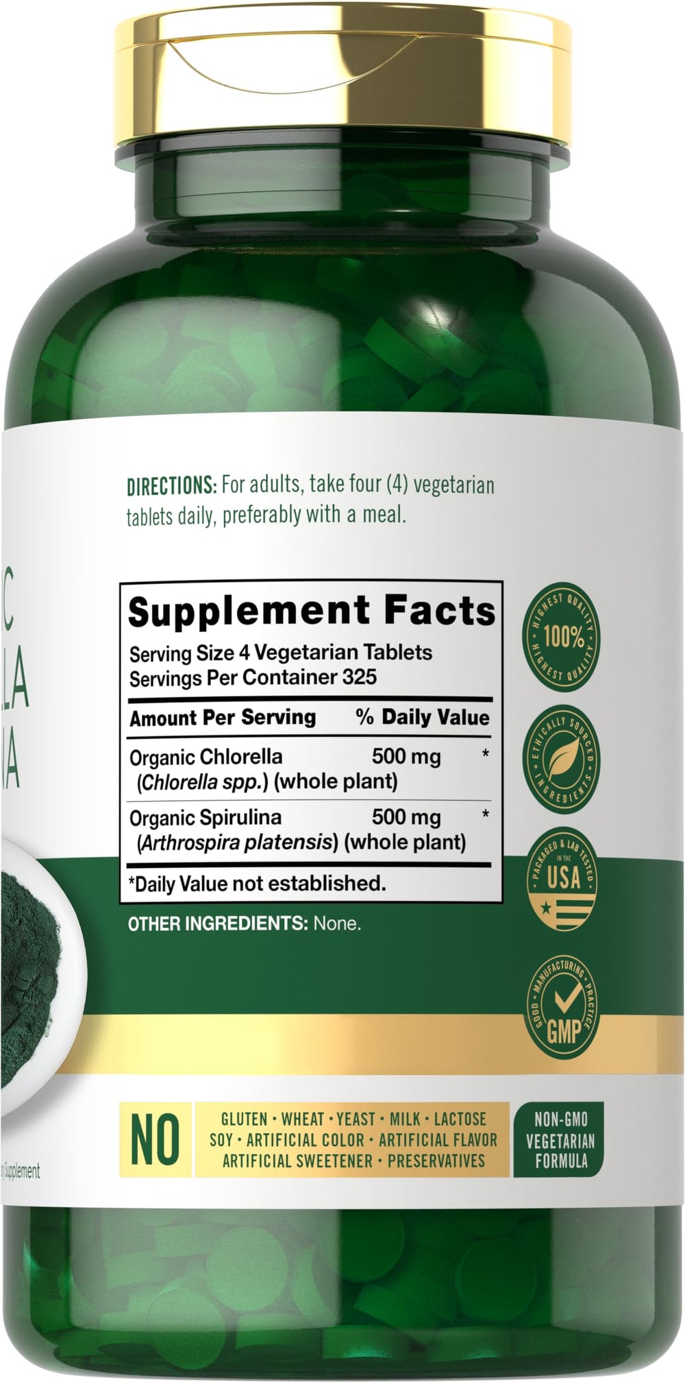 Label showing 50/50 organic chlorella and spirulina blend