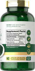 Label showing 50/50 organic chlorella and spirulina blend