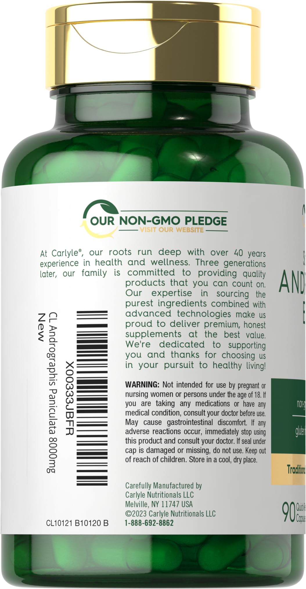 Carlyle Andrographis Paniculata capsules arranged with bottle