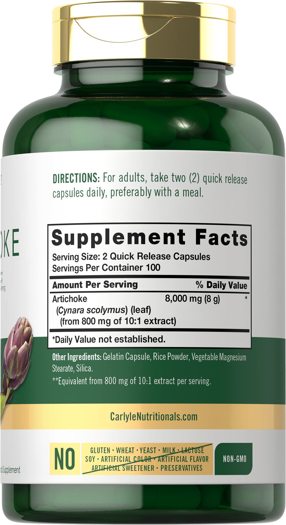 Back view of Carlyle Artichoke Extract Capsules bottle with supplement facts