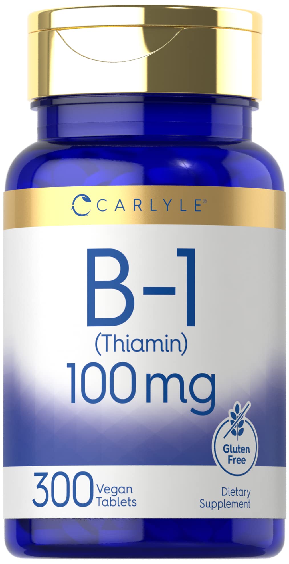 Front view of Carlyle B1 Vitamin 100mg bottle with 300 vegan tablets