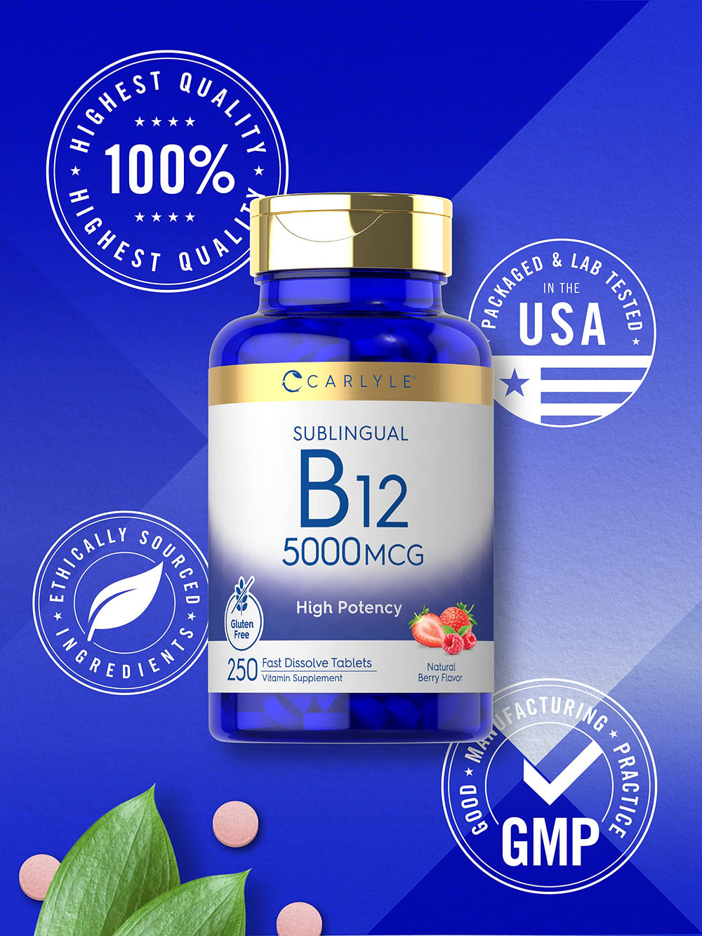 250 count fast-dissolve vitamin B12 tablets and bottle