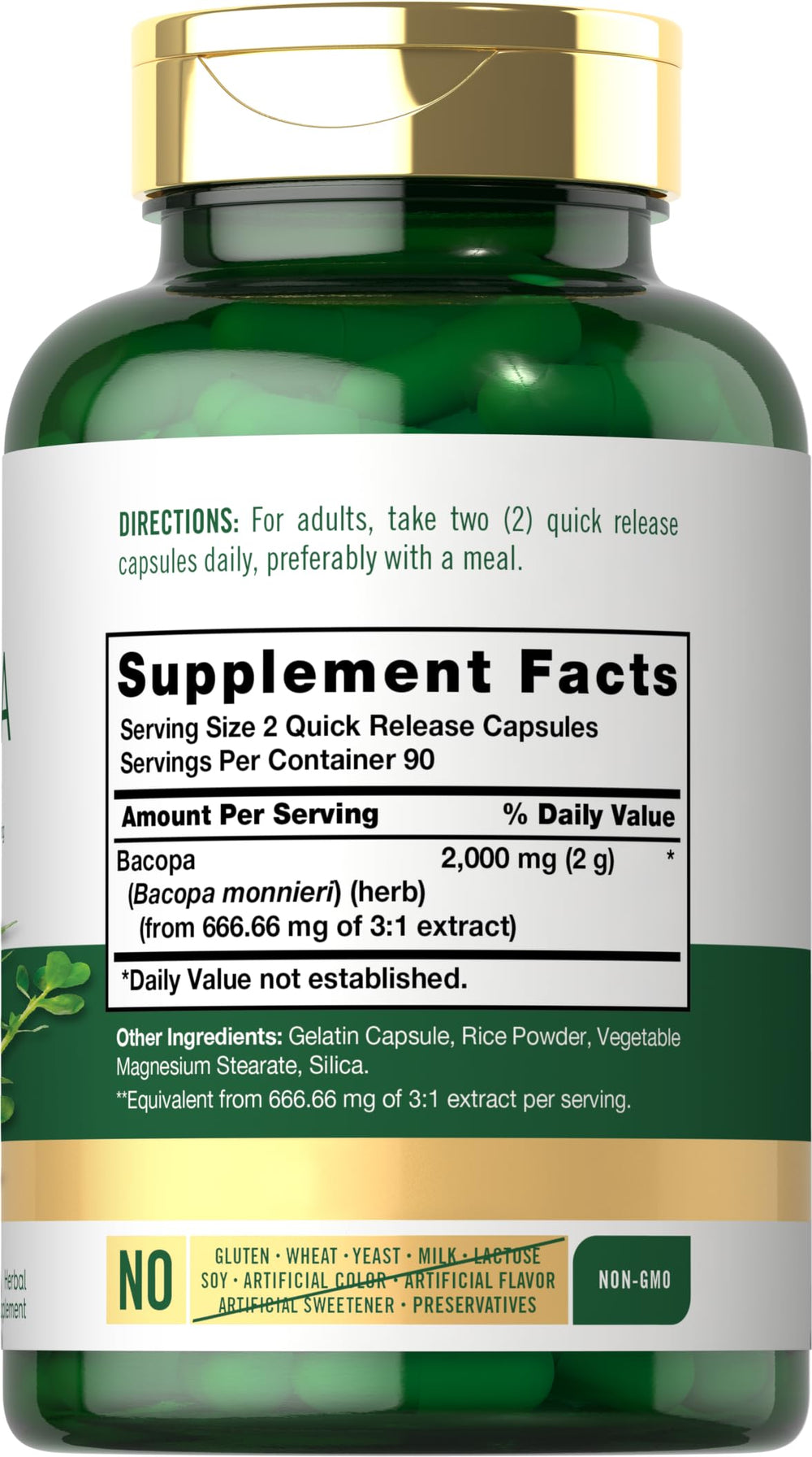 Close-up of Bacopa Monnieri capsules showing potency claim of 2000 mg
