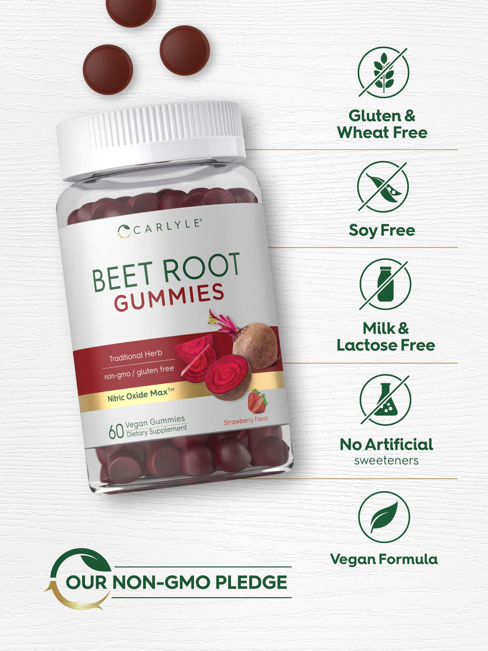 Close-up of vegan, strawberry-flavored Beet Root Gummies