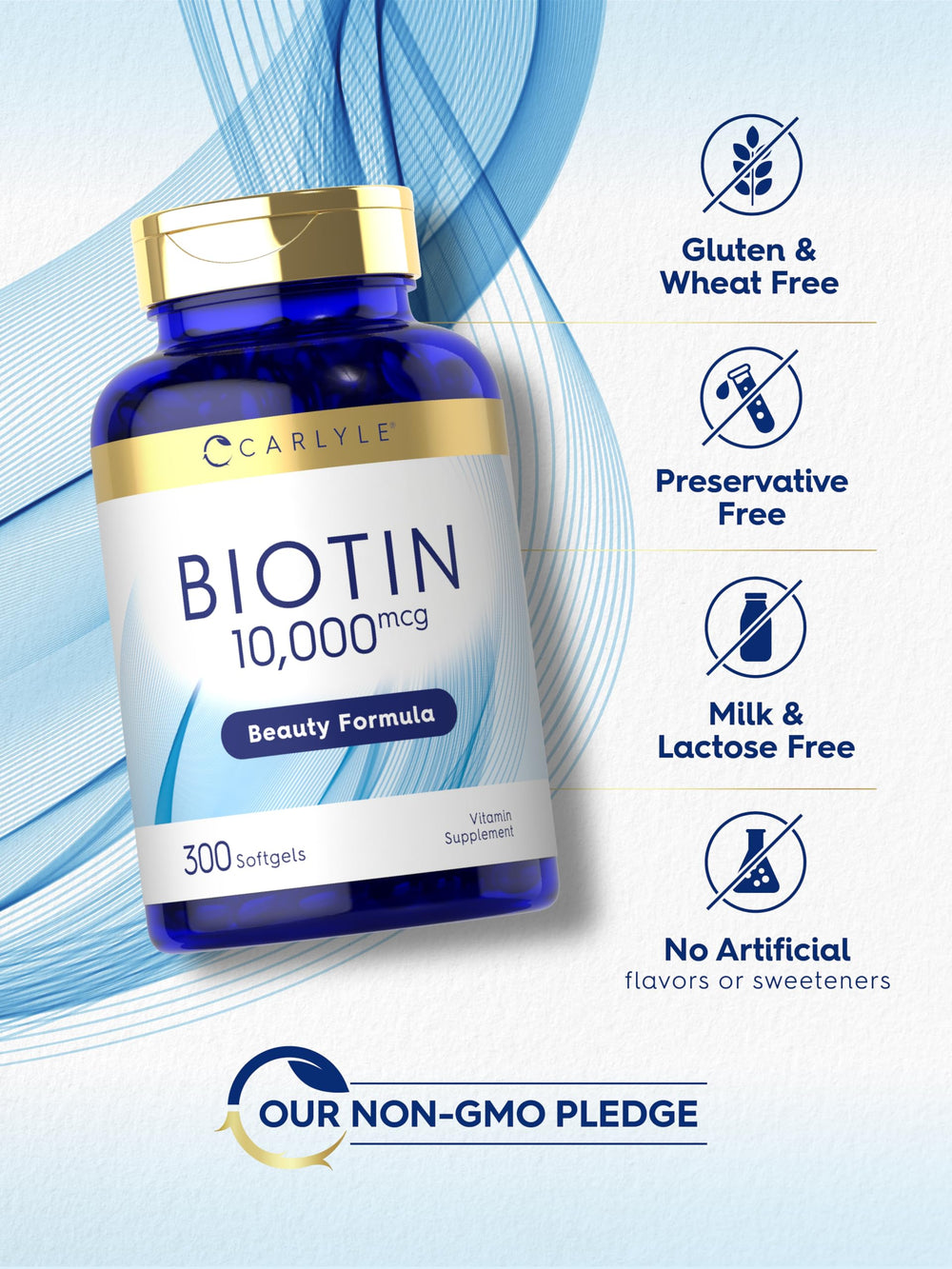 Gluten-free biotin supplement packaging with Non-GMO claim