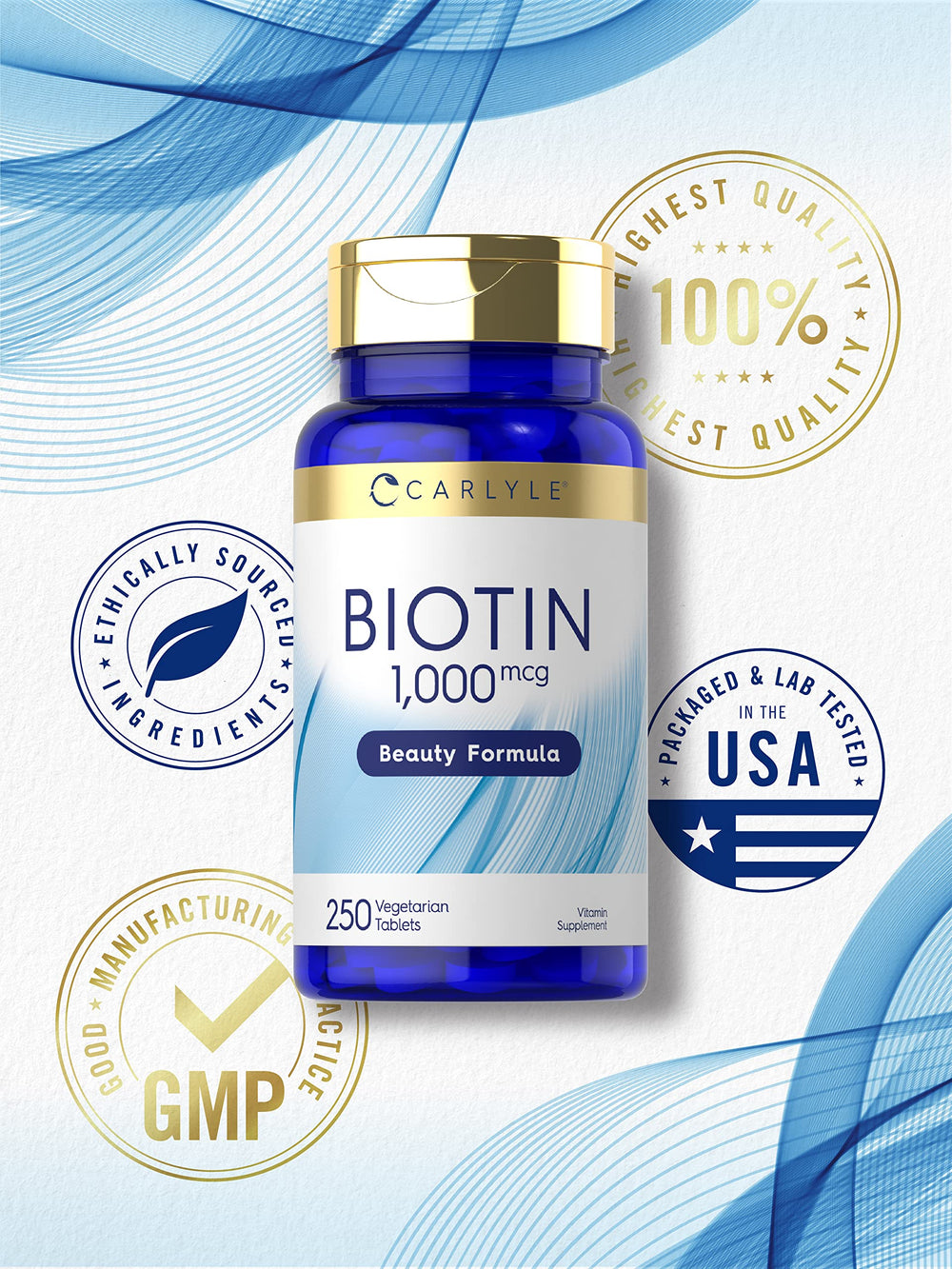 Non-GMO and Gluten Free Carlyle Biotin 1000mcg labeling