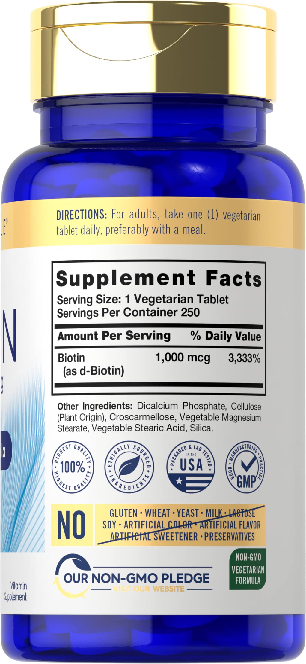 Close-up of Carlyle Biotin 1000mcg tablets