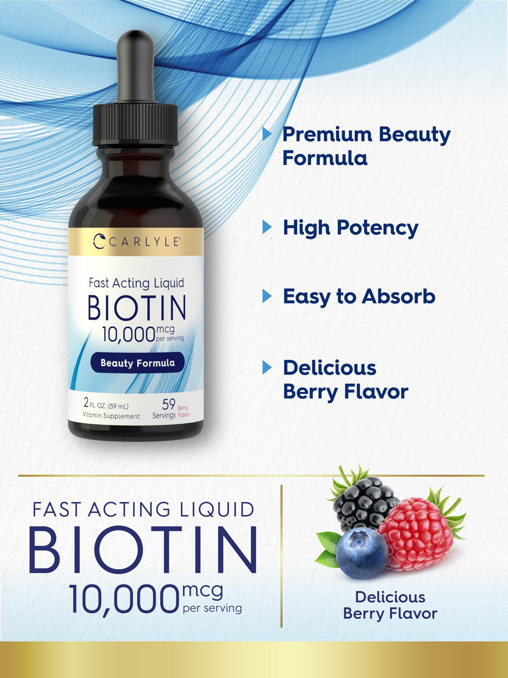 Laboratory-tested Carlyle Biotin drops on white background