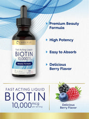 Laboratory-tested Carlyle Biotin drops on white background