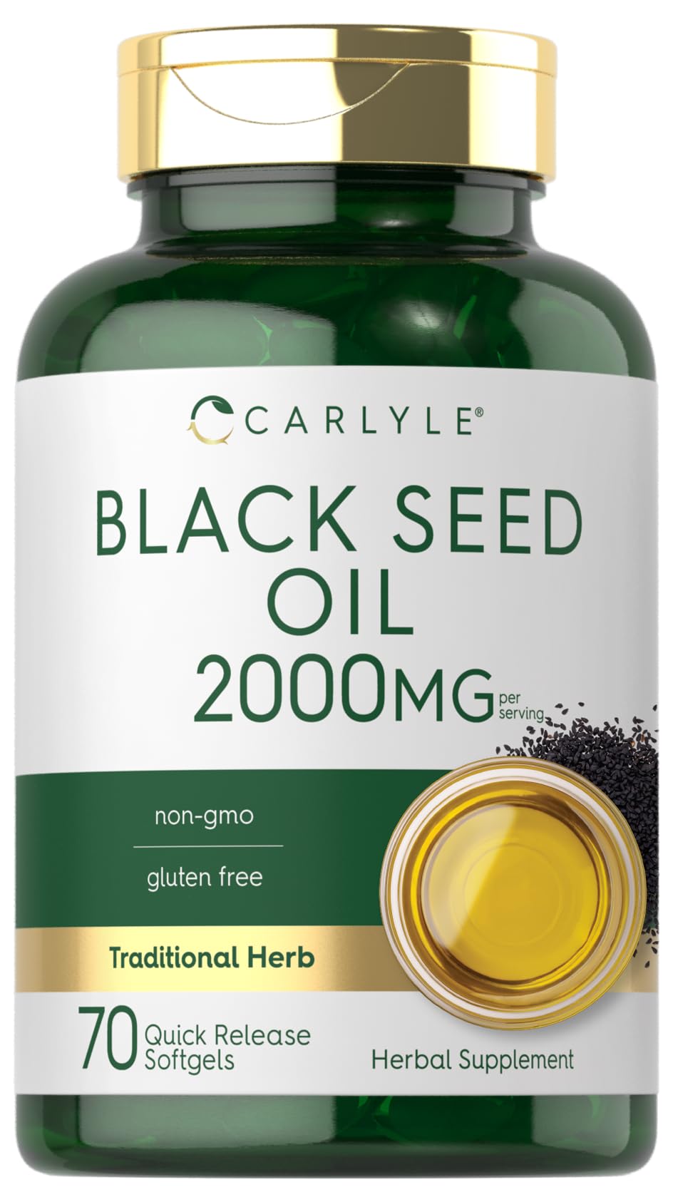 Front view of Carlyle Black Seed Oil Softgel bottle with 70-count packaging