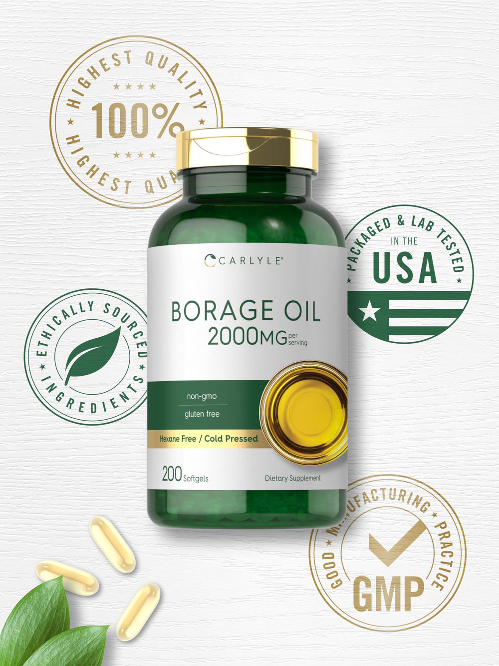 Borage oil softgels in bottle against white background