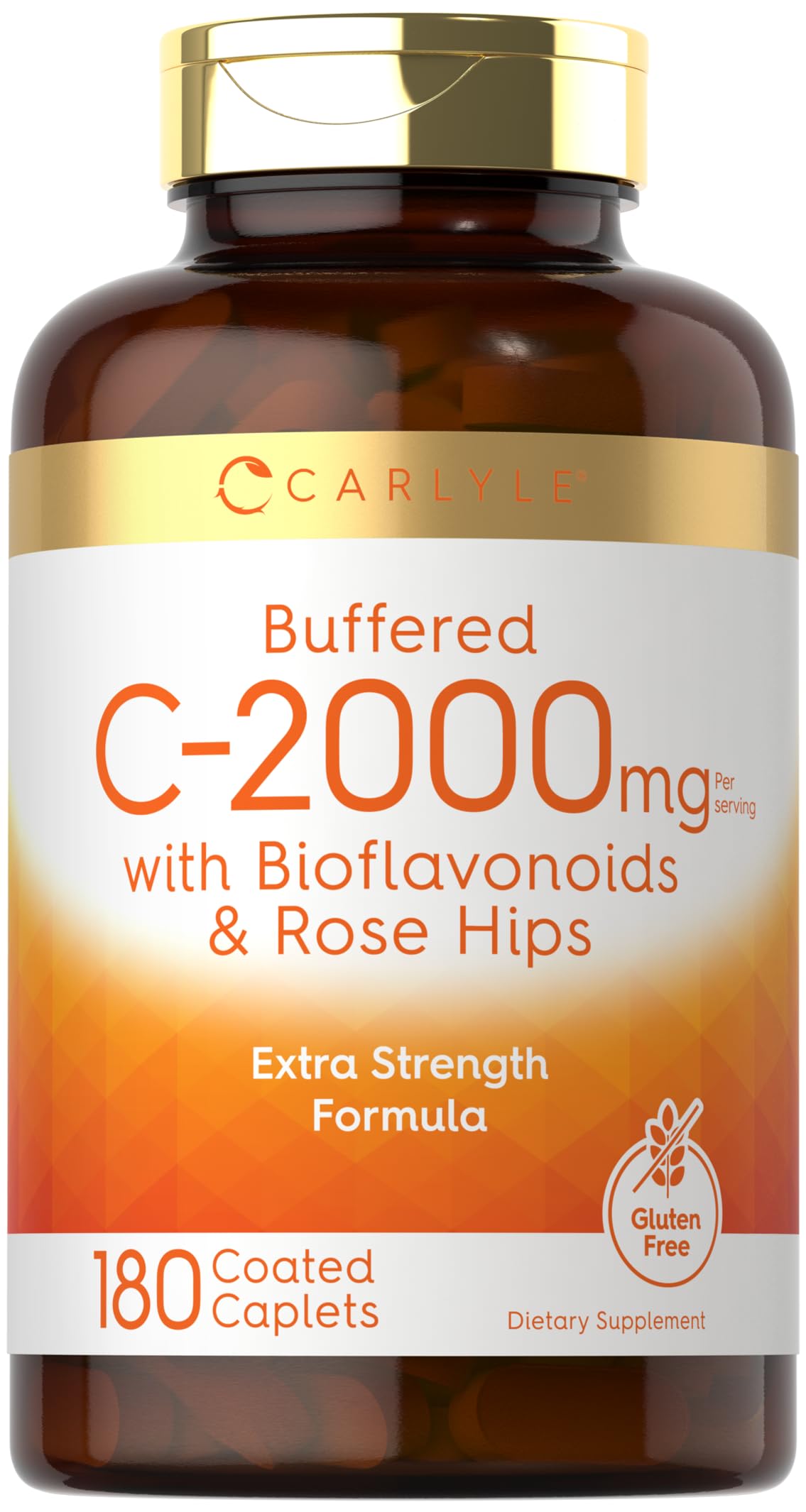 Carlyle Buffered Vitamin C 2000mg - 180 Caplets with Rose Hips and Bioflavonoids