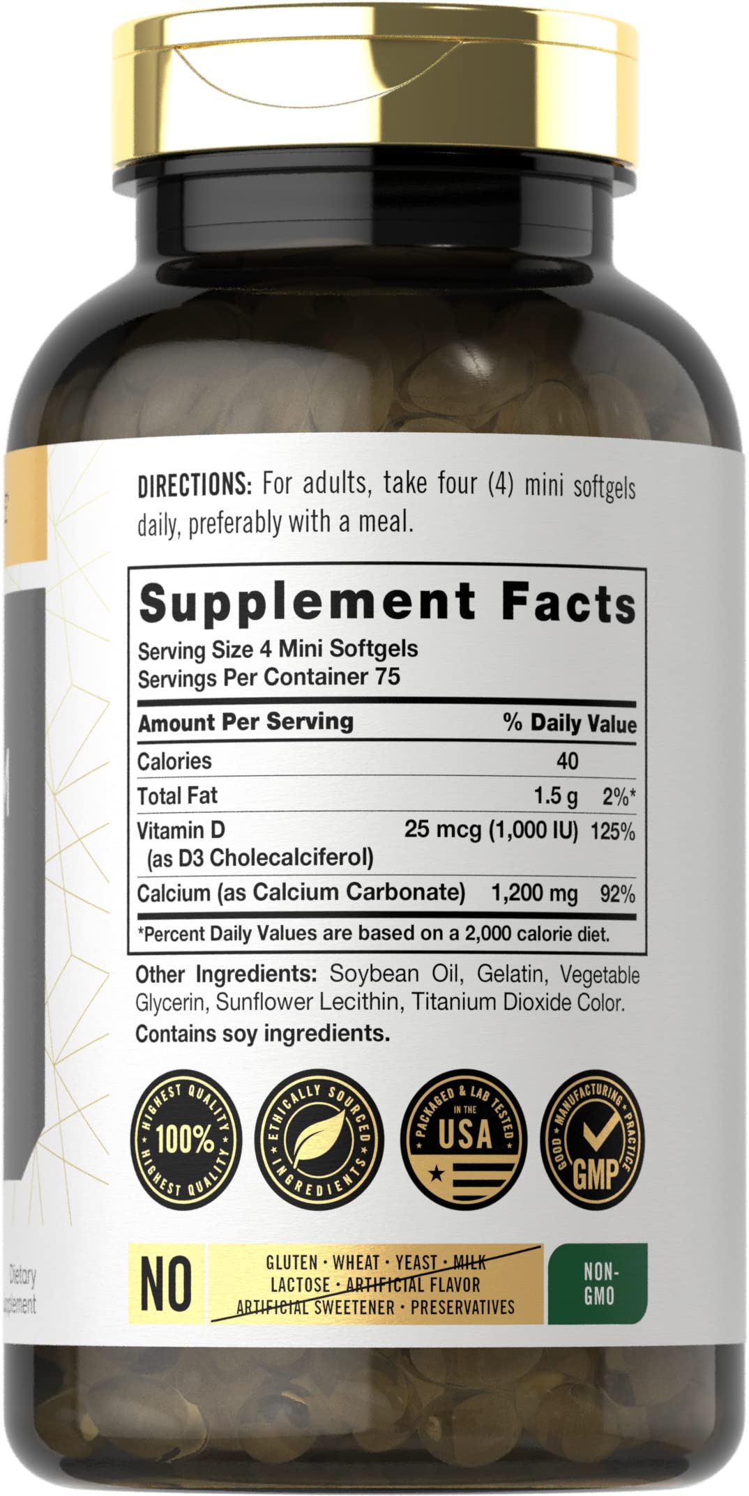 Carlyle Calcium 1200 mg label back showing nutrition facts