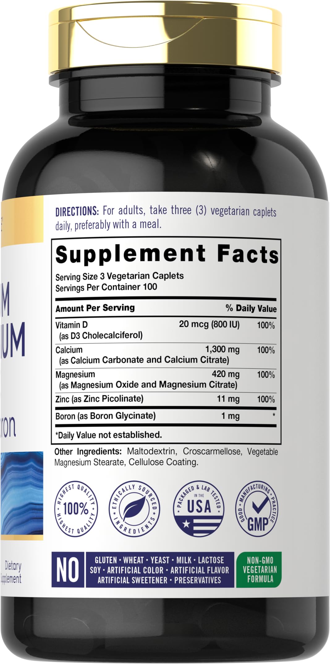 Back view of Carlyle Calcium Magnesium Zinc D3 bottle
