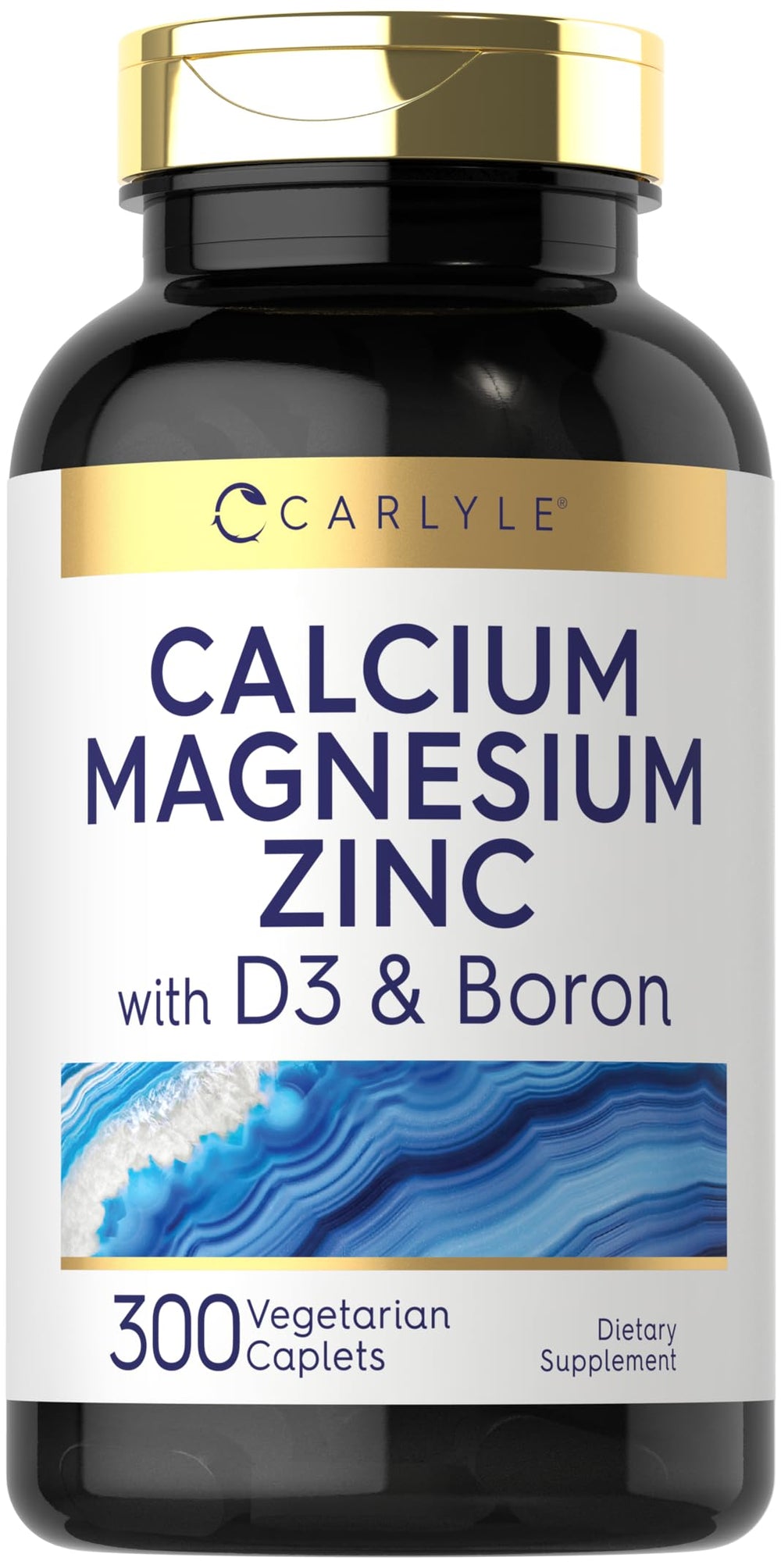 Front view of Carlyle Calcium Magnesium Zinc D3 300 caplets bottle