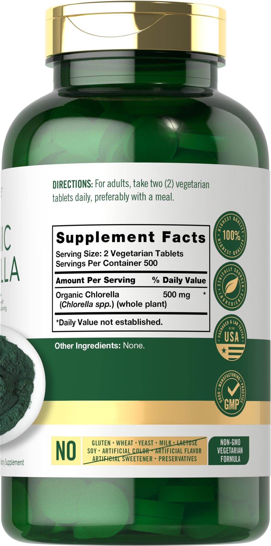 Close-up of Carlyle Chlorella 500 mg vegetarian capsules