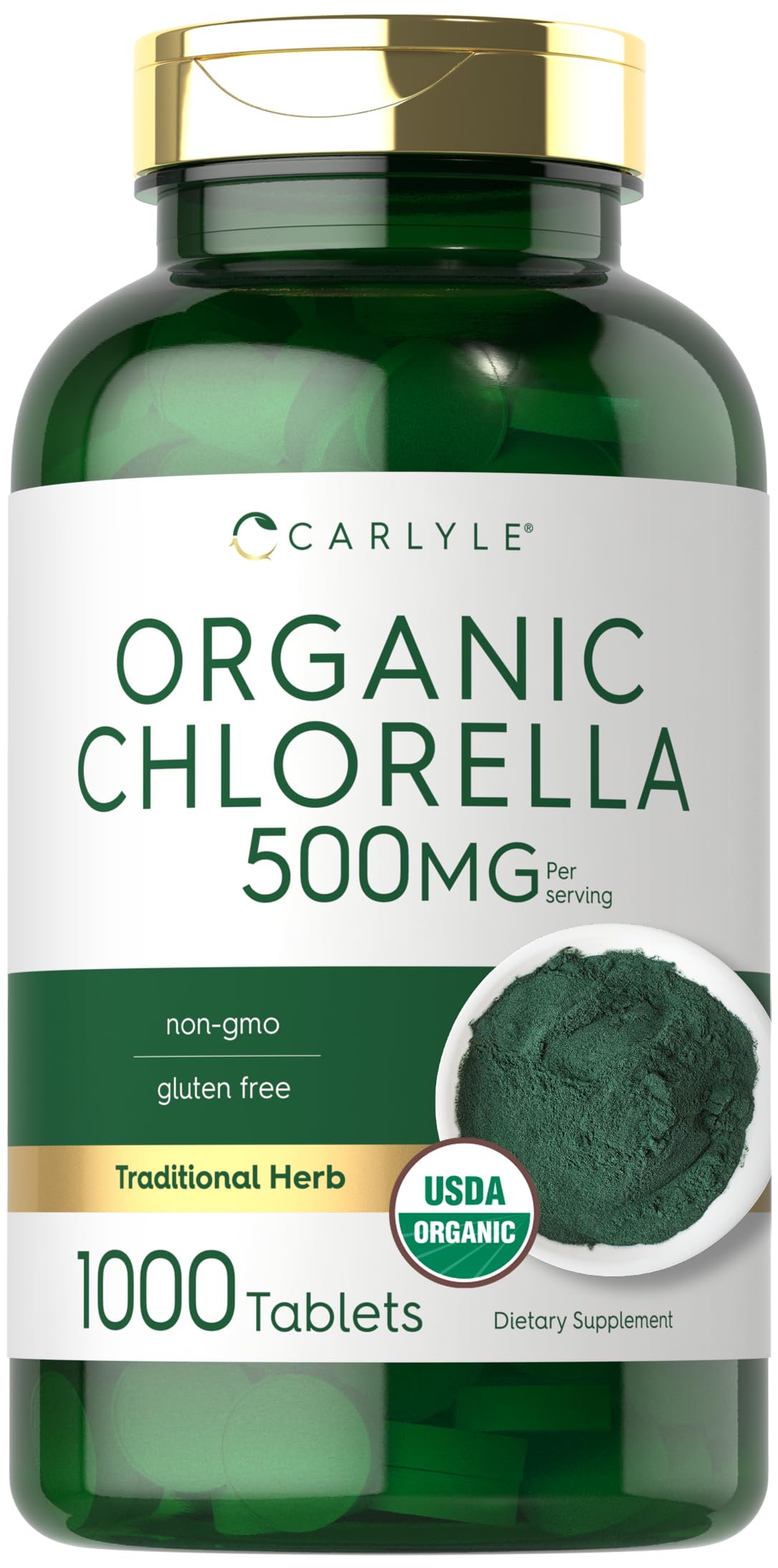 Carlyle Chlorella Tablets Organic 500 mg bottle - 1000 count front label