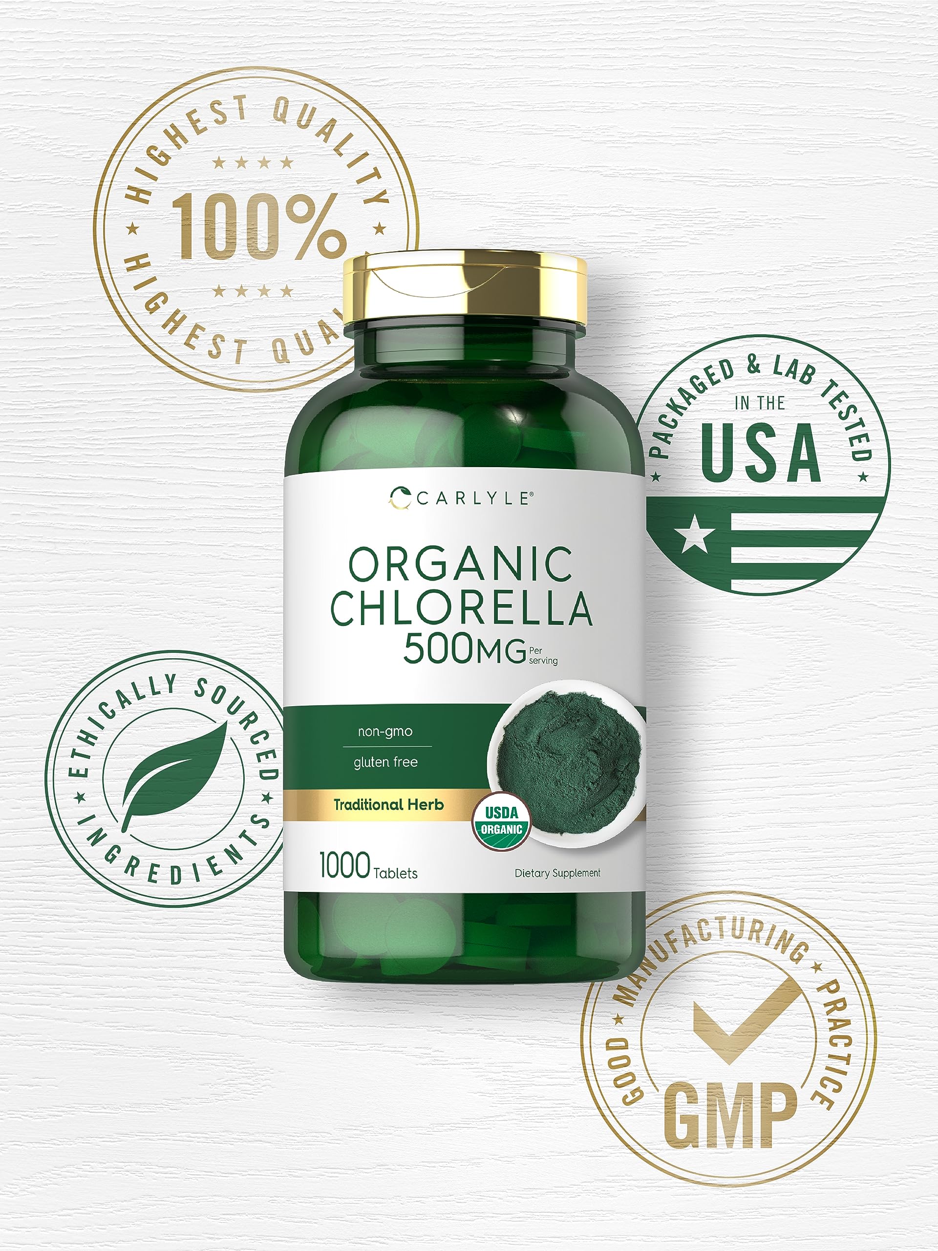 Lab-tested quality seal for Carlyle Chlorella tablets