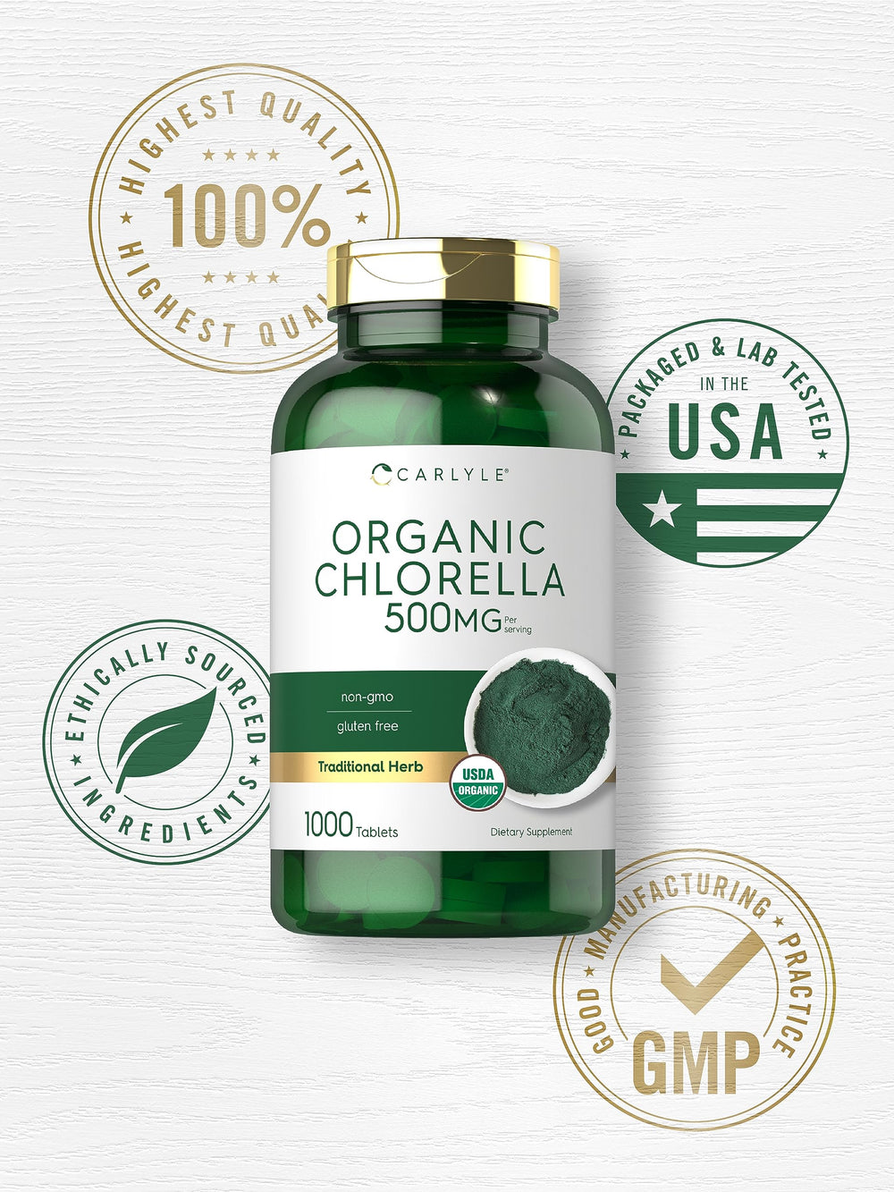 Lab-tested quality seal for Carlyle Chlorella tablets