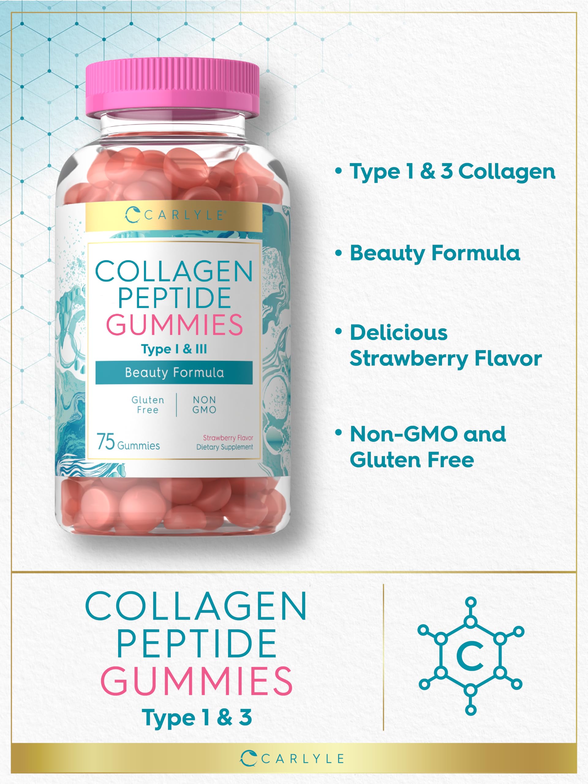 Non-GMO and gluten-free seals on Carlyle Collagen Gummies