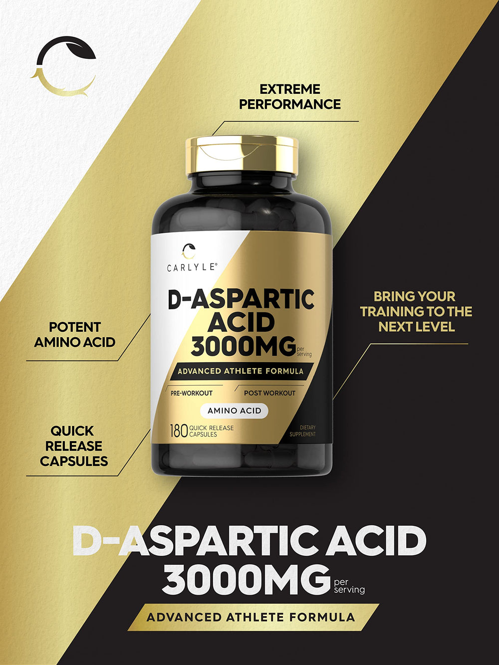 Carlyle D-Aspartic Acid label front notes gluten-free and non-GMO ingredients.