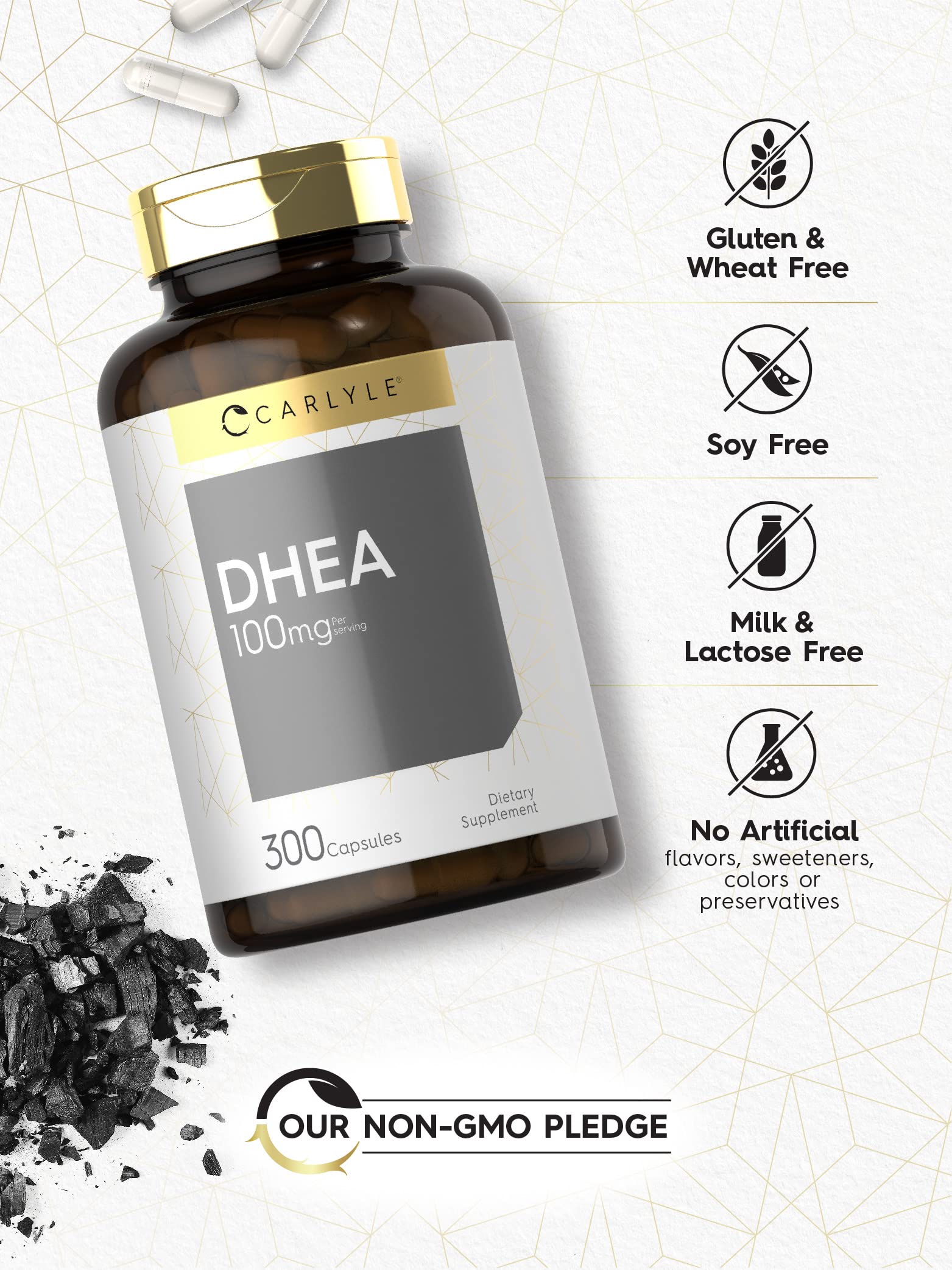 DHEA ingredient label showing non-GMO status