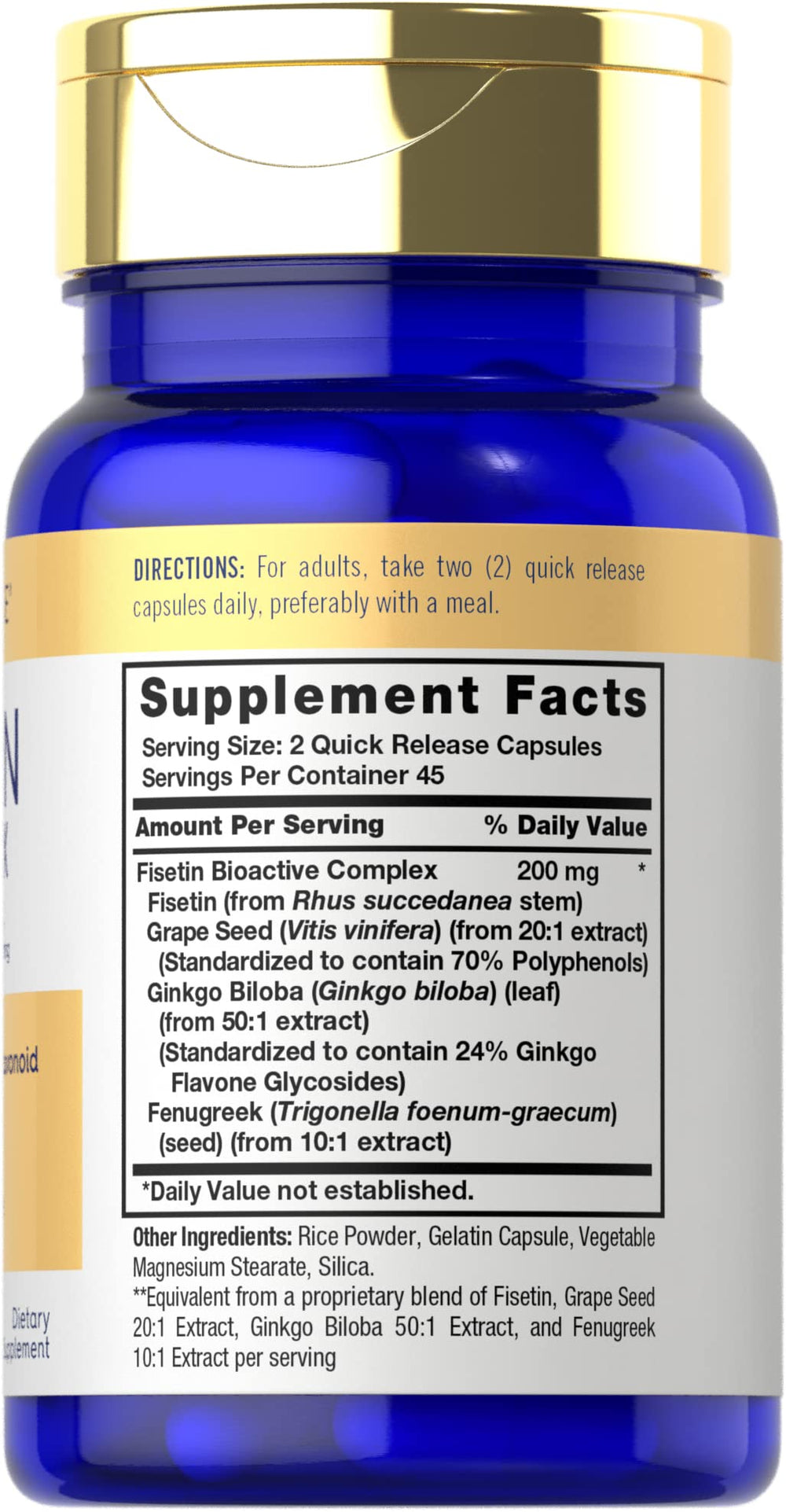 Fisetin Complex ingredients: Fisetin, Grape Seed, Ginkgo Biloba, Fenugreek