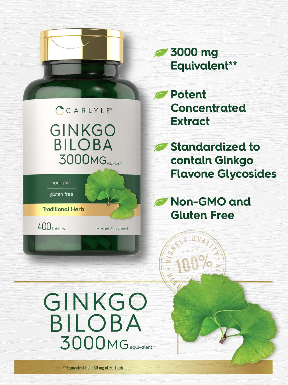 Gluten-free symbol next to Ginkgo Biloba 3000mg bottle
