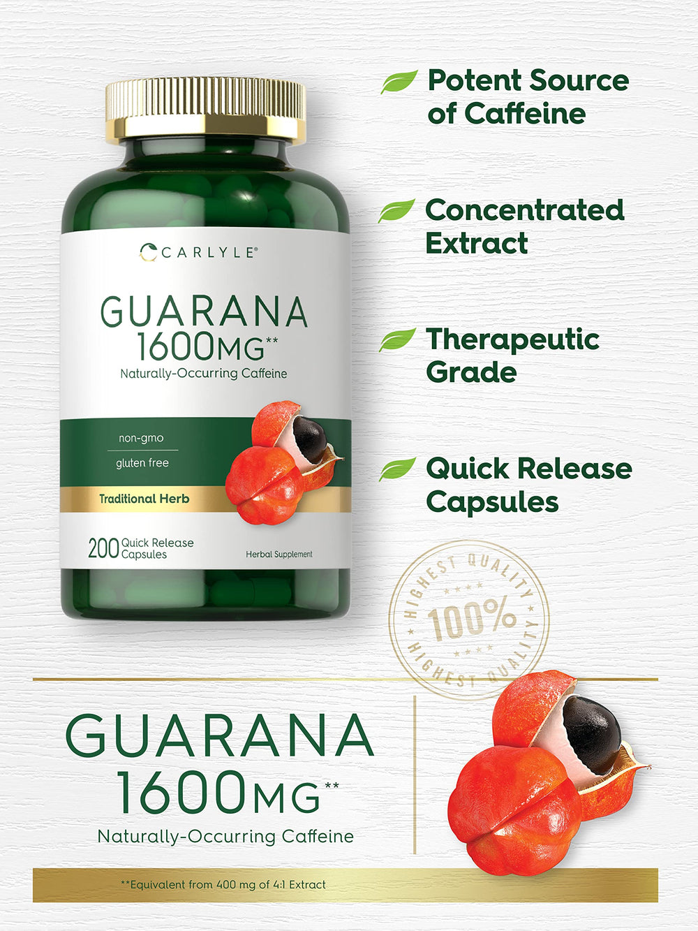 Carlyle Guarana label emphasizes 1600mg seed-equivalent per quick-release capsule