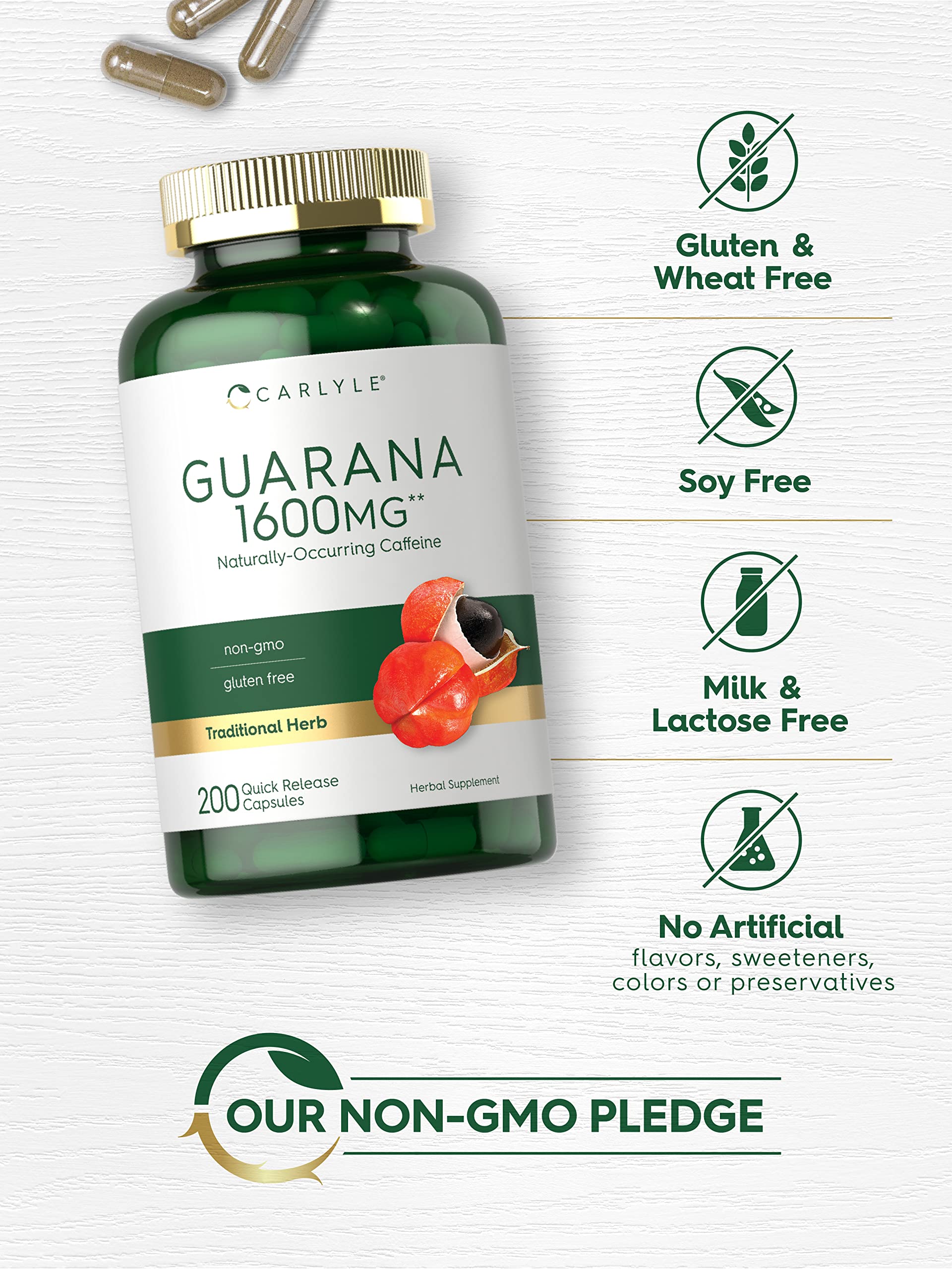 Carlyle Guarana Extract capsules poured beside desk as a natural caffeine lift option