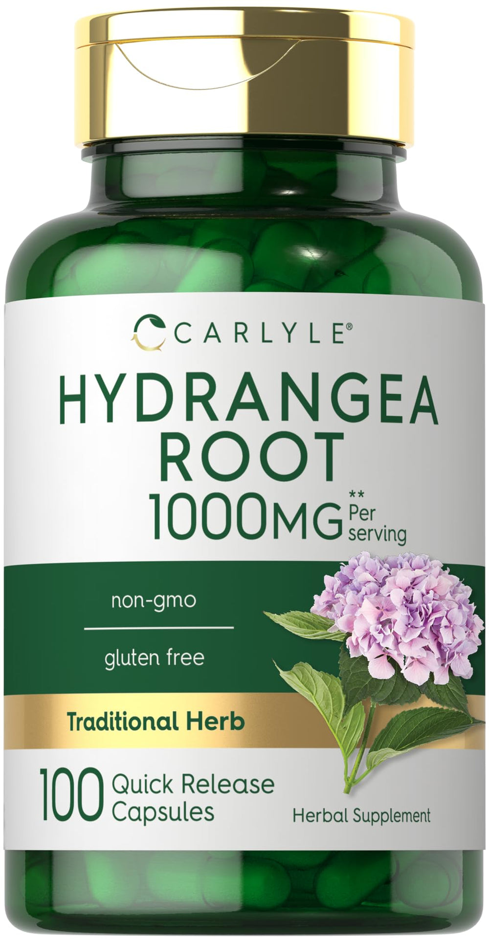 Front view of Carlyle Hydrangea Root Capsules bottle