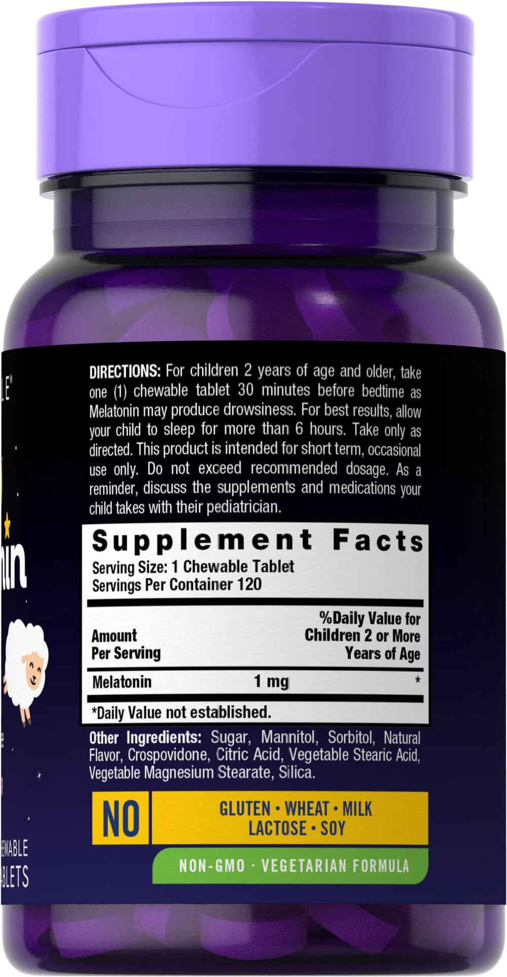 Close-up of Carlyle Kids Melatonin 1mg chewable tablet showing fruit flavor