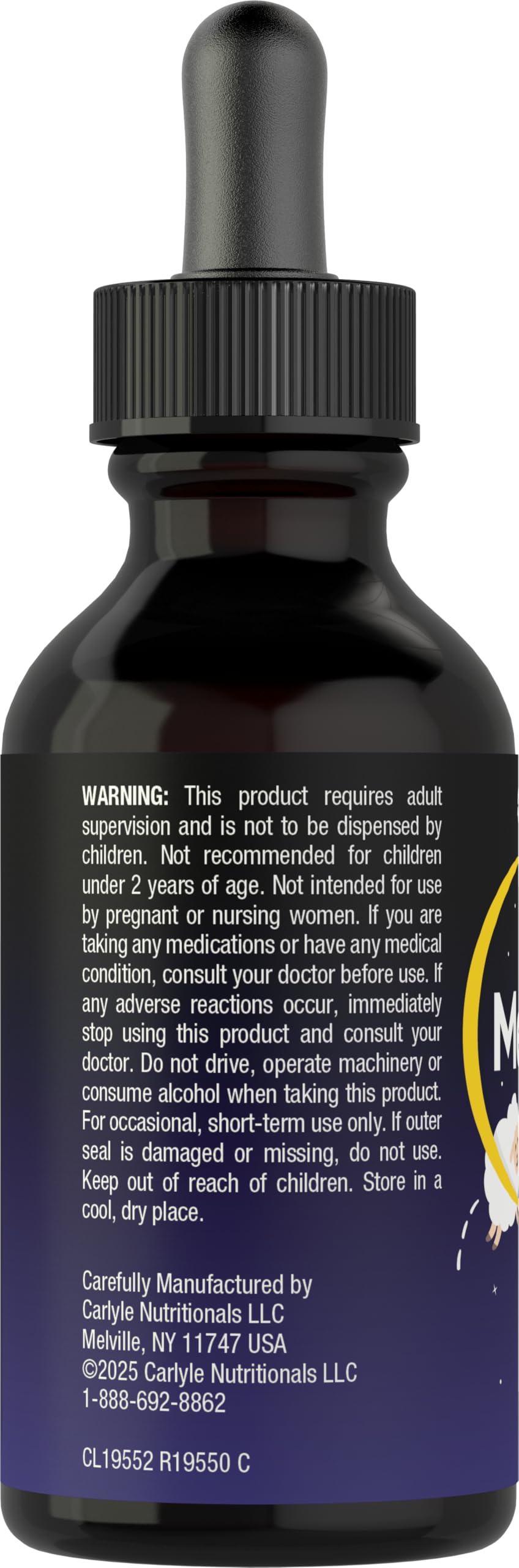Carlyle Kids Melatonin Liquid bottle showing 1 mg per serving