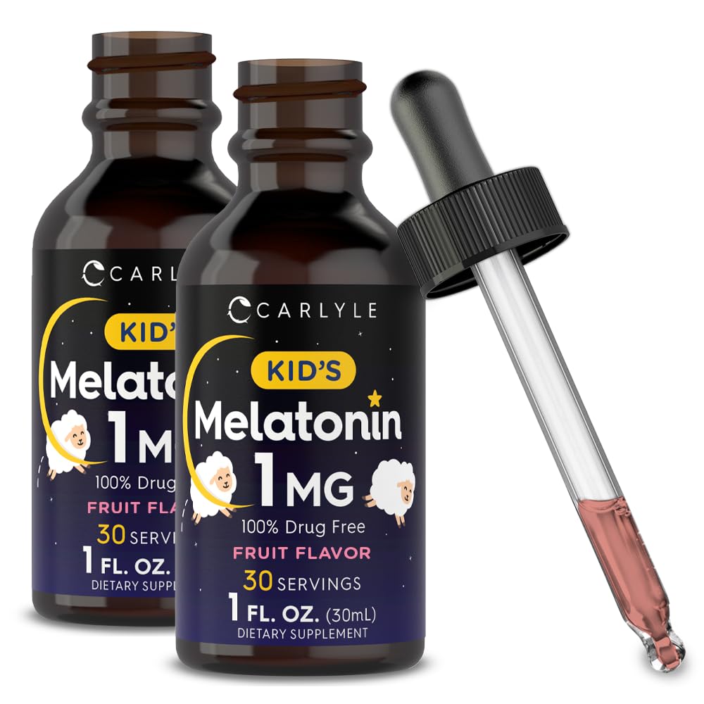 Front view of Carlyle Kids Melatonin Liquid berry flavor two-pack bottle