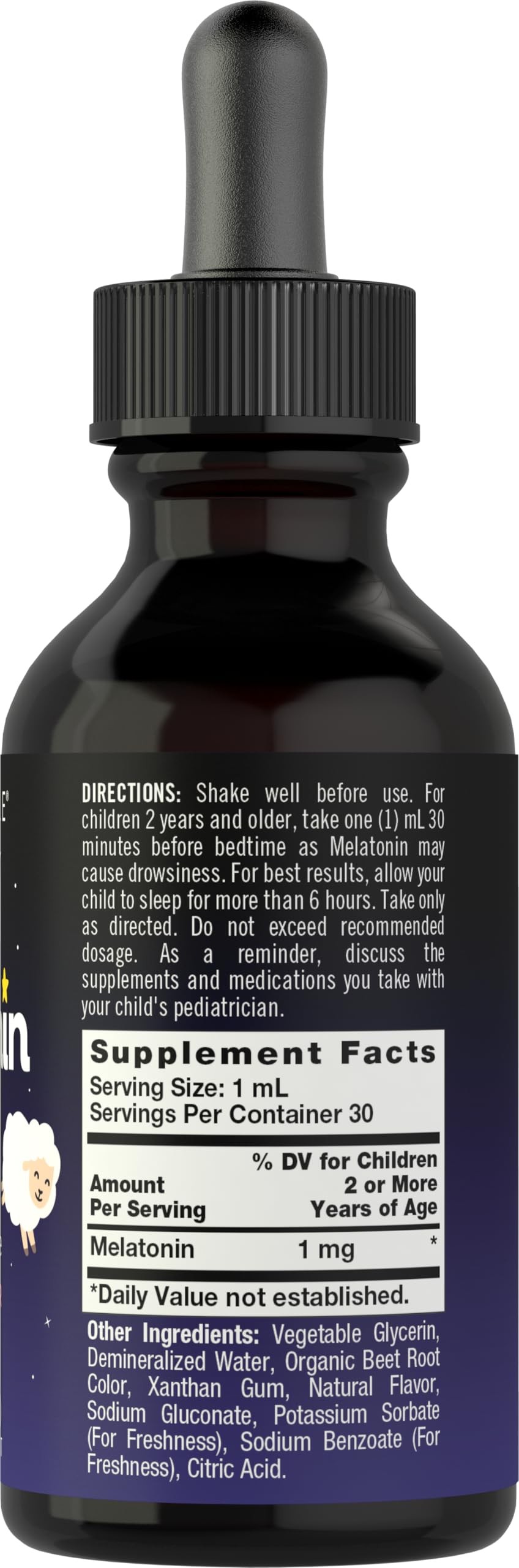 Side view of Carlyle Kids Melatonin Liquid berry flavor two-pack
