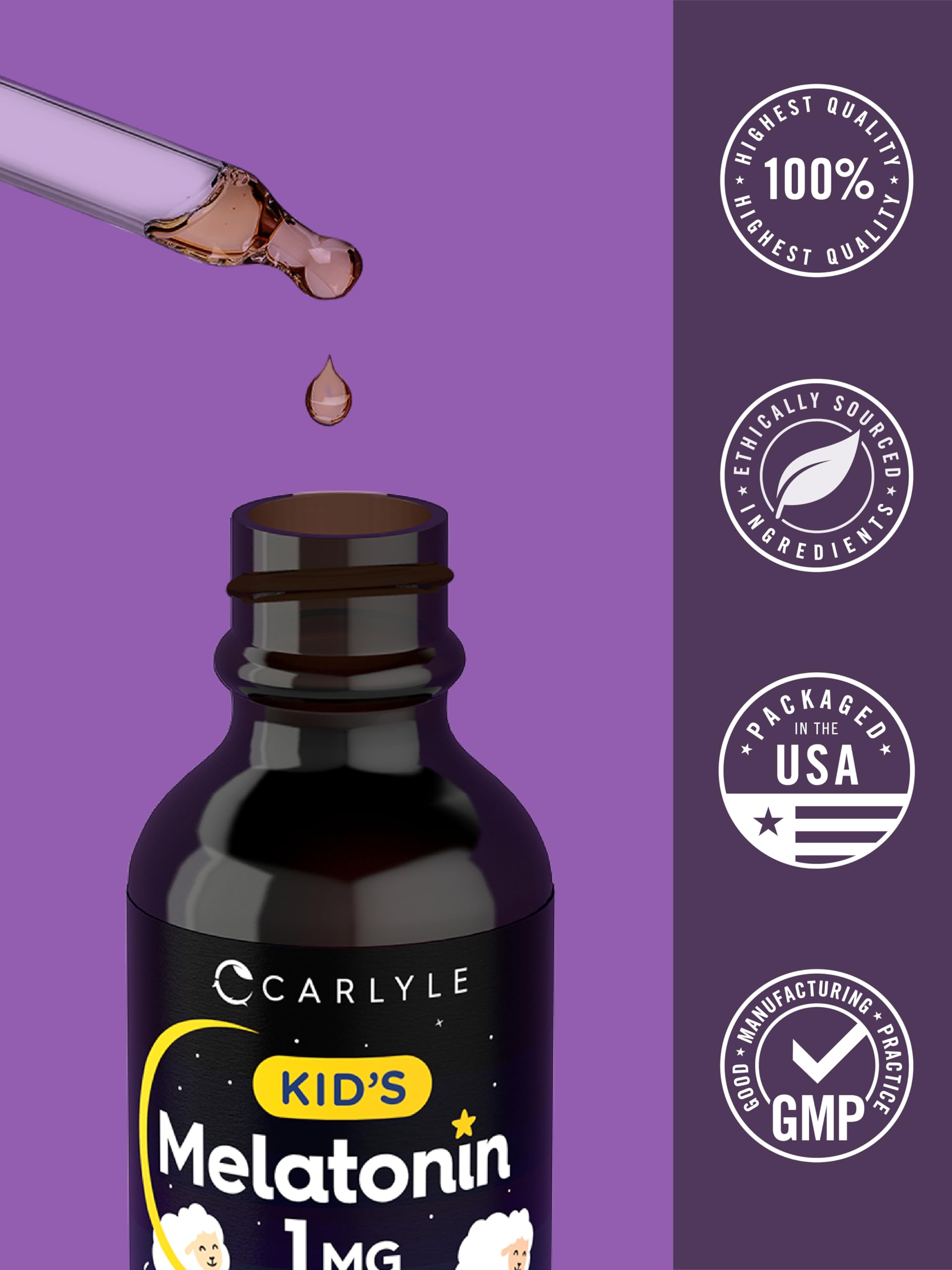 Box and bottle display for Carlyle Kids Melatonin Liquid berry flavor