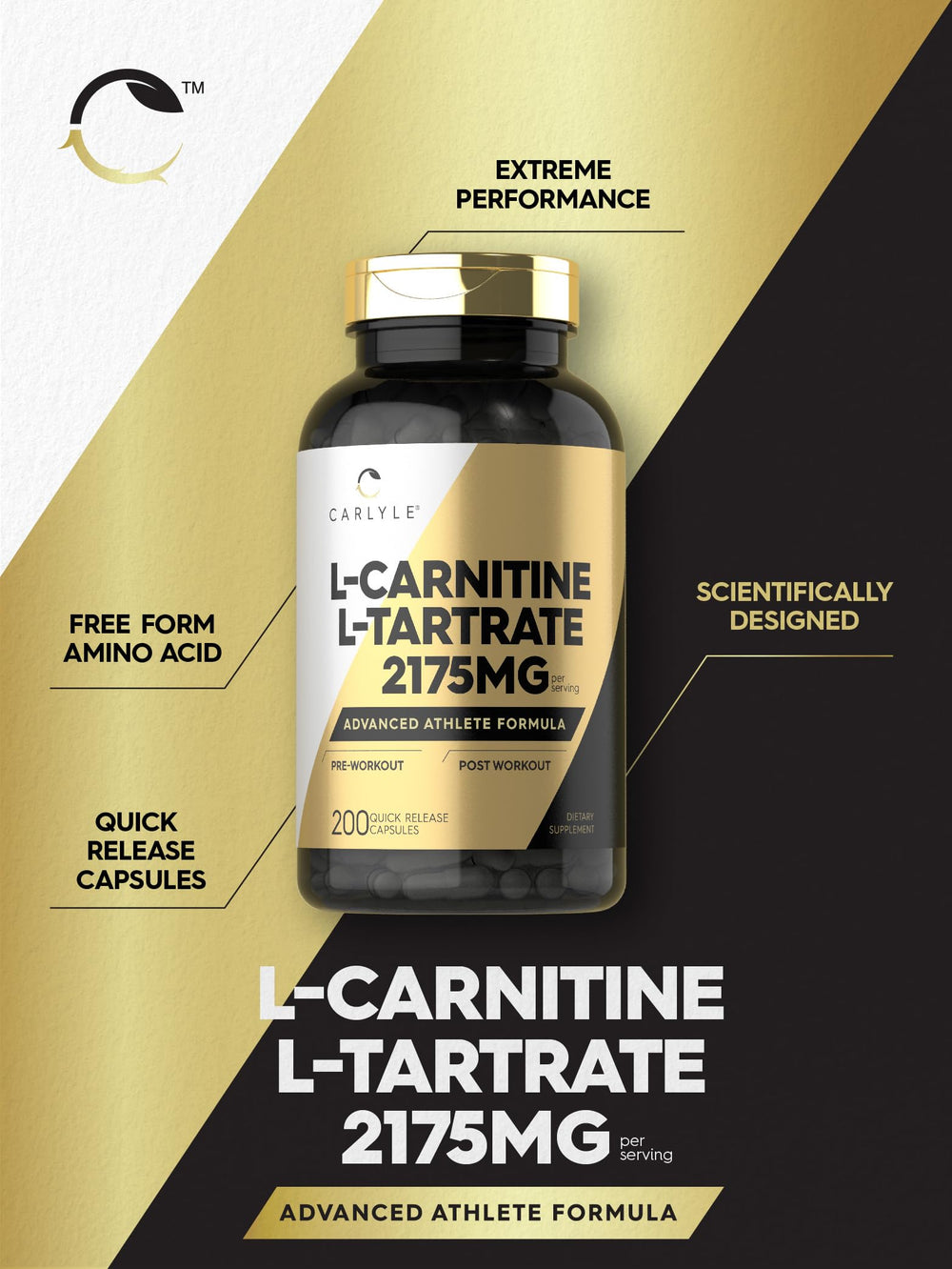 Carlyle L-Carnitine Tartrate 200 capsules bottle for extended use.