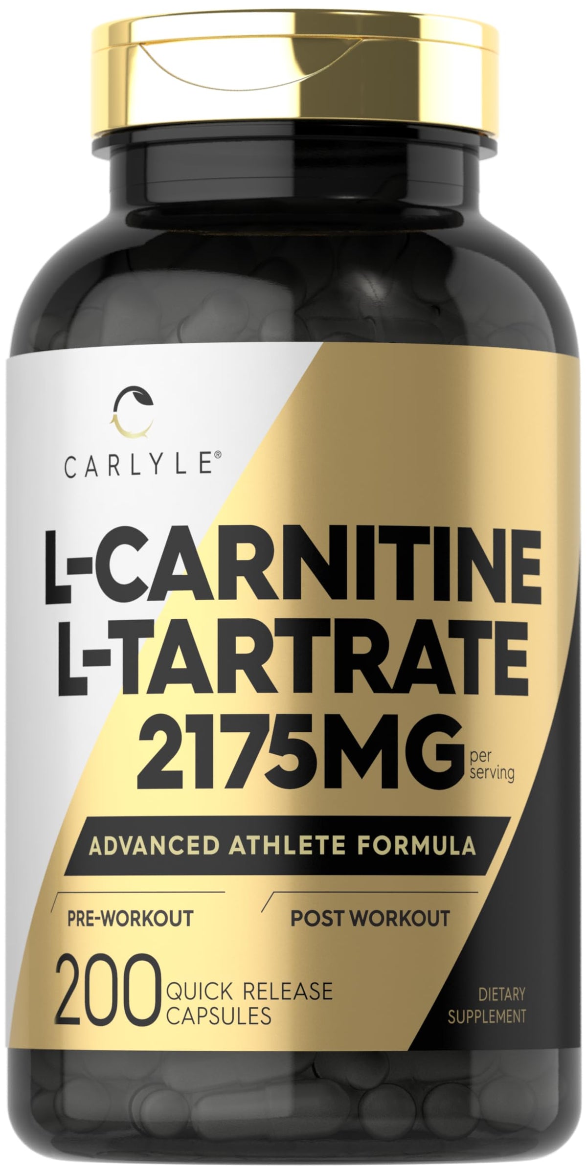 Carlyle L-Carnitine Tartrate bottle label showing 2175 mg per serving for athletic support.