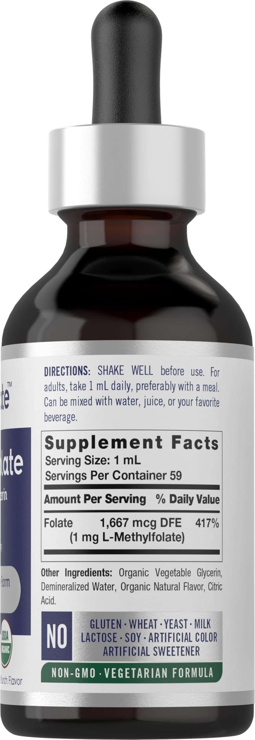 Close-up of bottle showing 1 mg L-Methylfolate per serving information