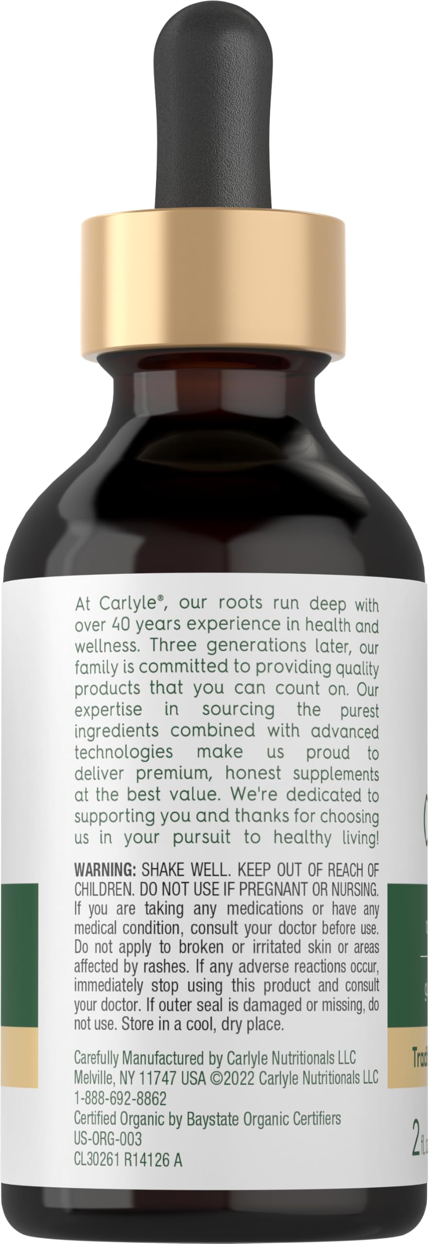 Close-up of Carlyle label showing quality and trust for oregano oil