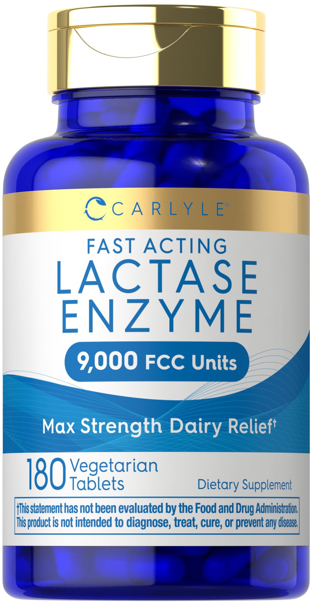Carlyle Lactase Enzyme Pills front view showing 180 tablets