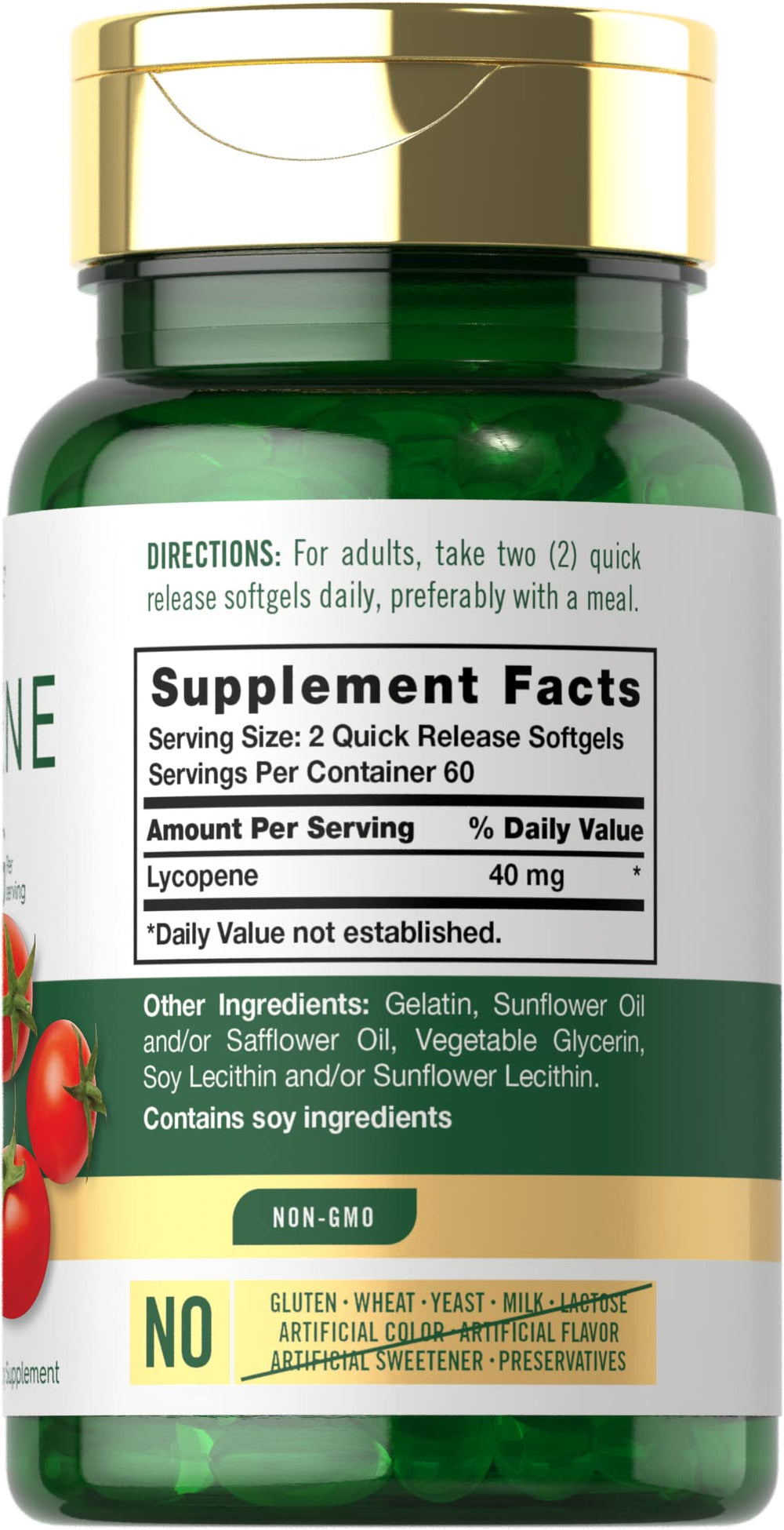 Bottle label showing Lycopene 40mg details