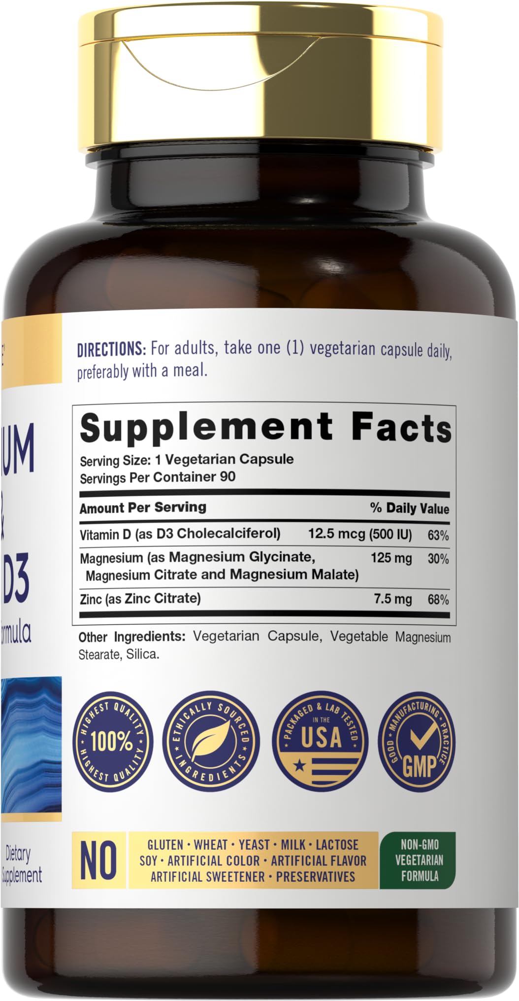 Close-up of 3-in-1 formula label on Carlyle supplement bottle