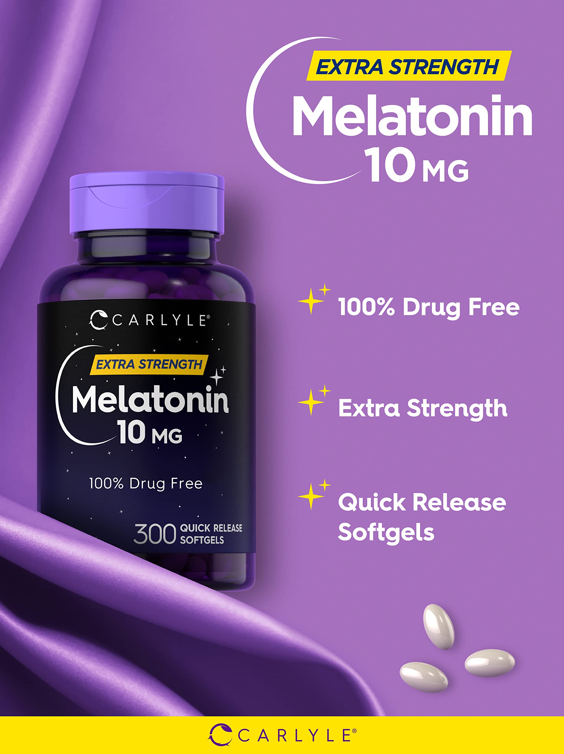 Close-up of Carlyle Melatonin 10mg quick-release softgels