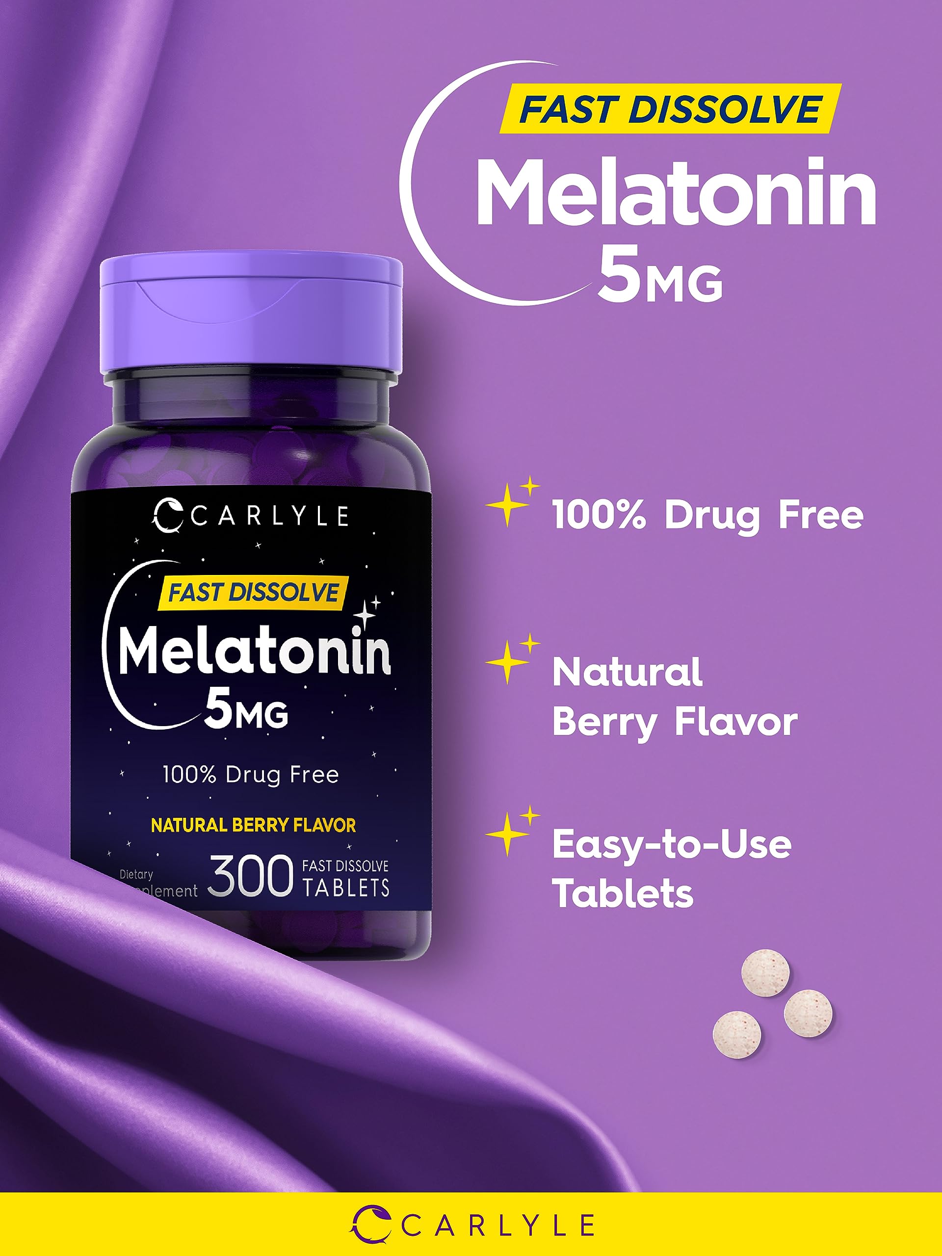 Vegetarian-friendly Carlyle Melatonin packaging and tablet imagery