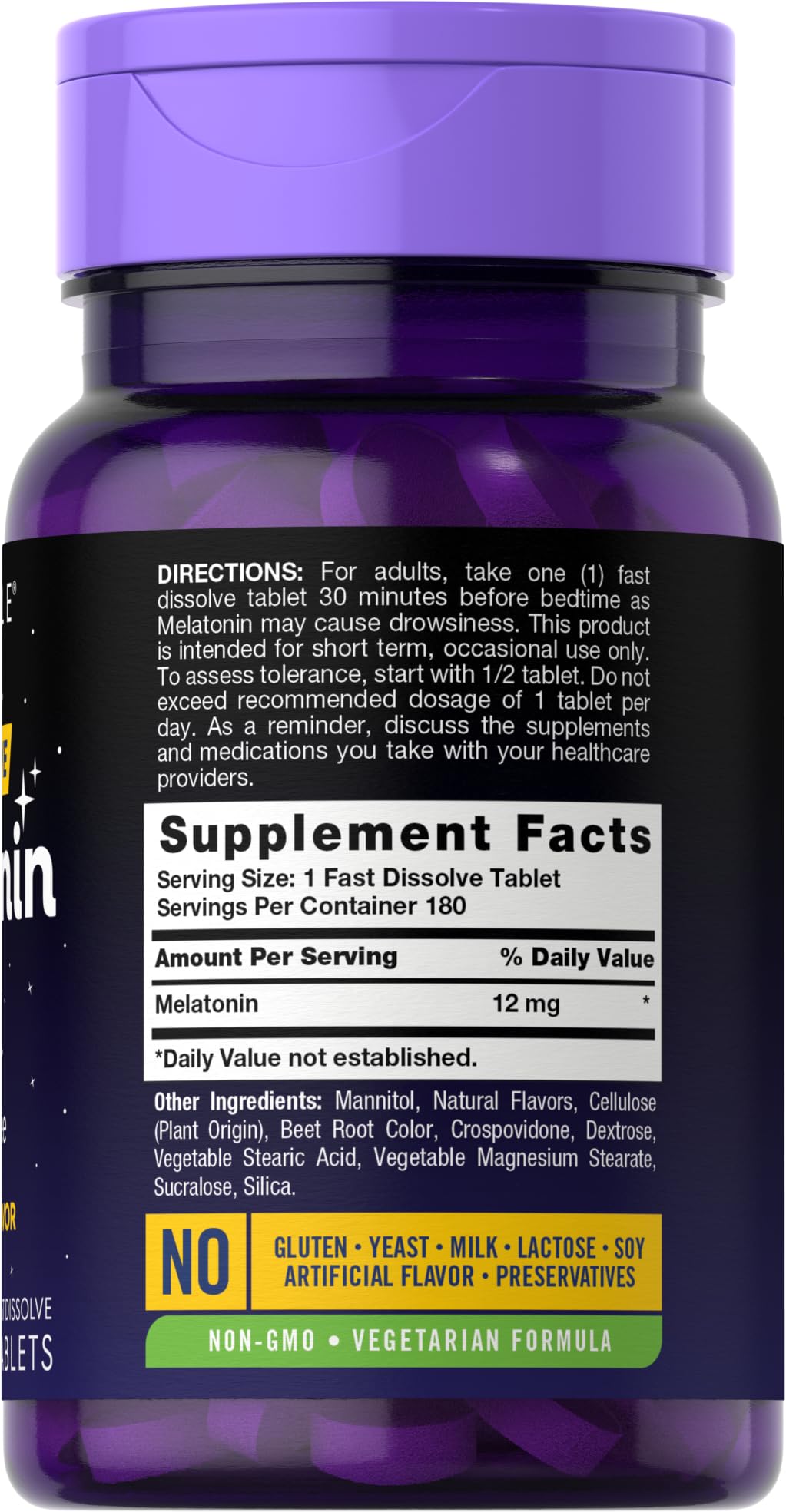 Carlyle Melatonin berry-flavored tablets displayed for quick dissolution.