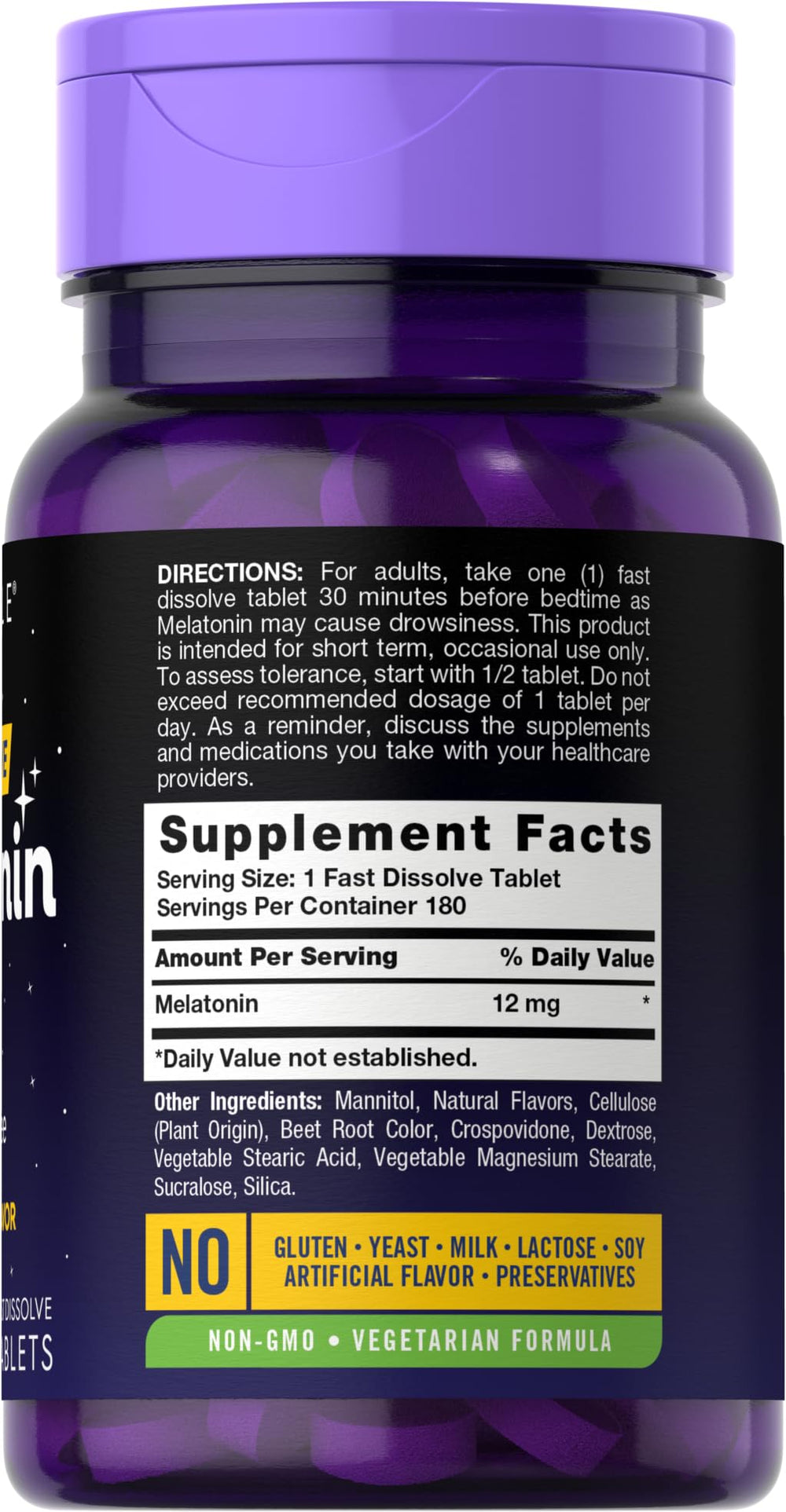 Carlyle Melatonin berry-flavored tablets displayed for quick dissolution.